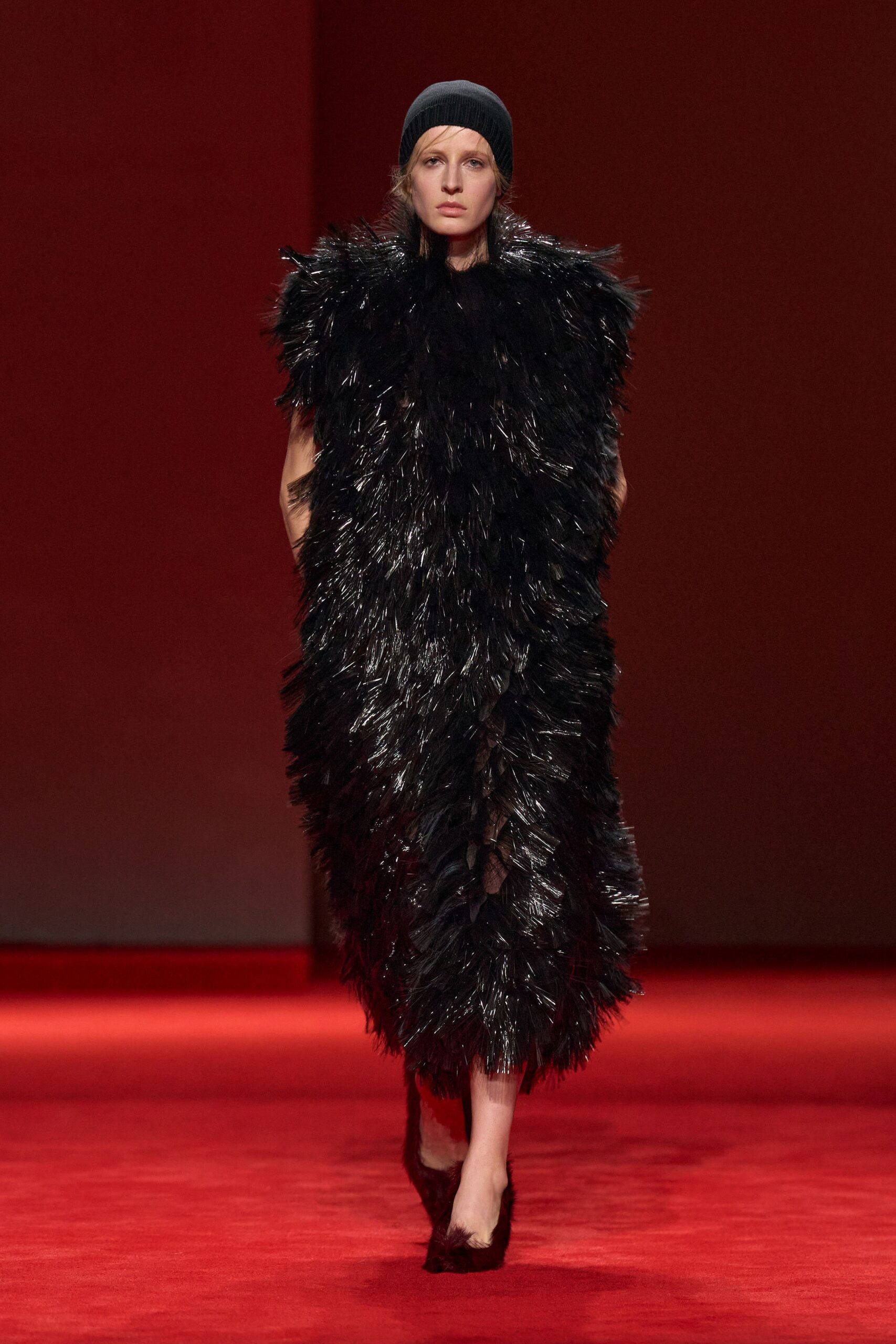 black fur sleeveless fitted fringed midi dress