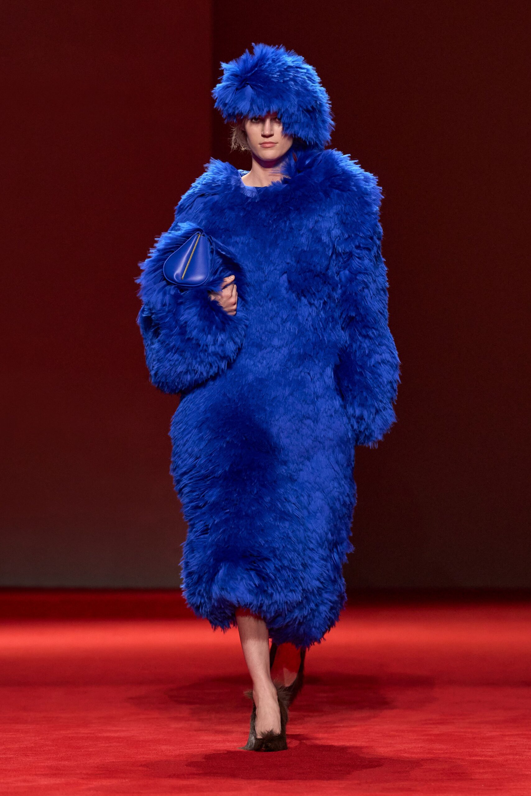 blue fur long-sleeve collared relaxed fringed midi dress