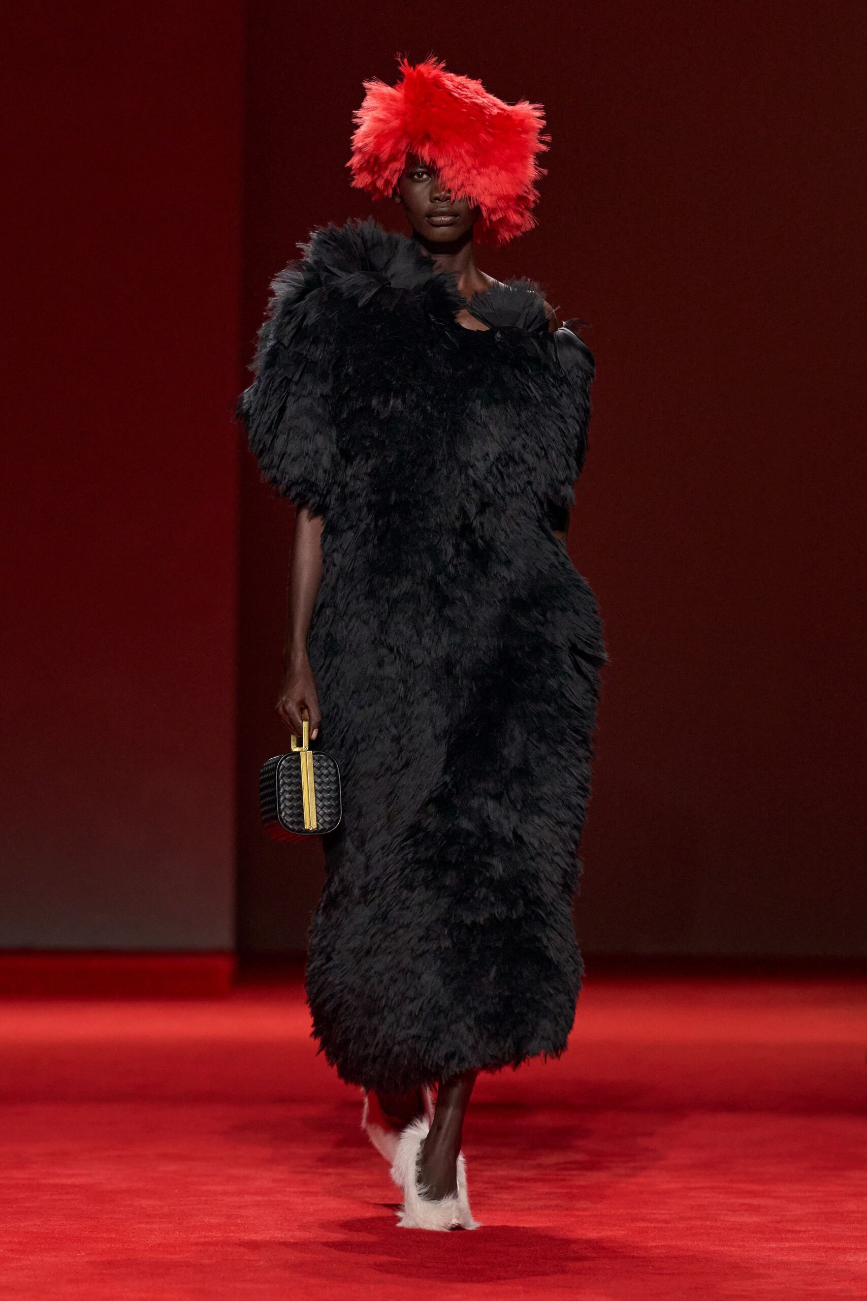 black fur sleeveless relaxed fringed maxi gown