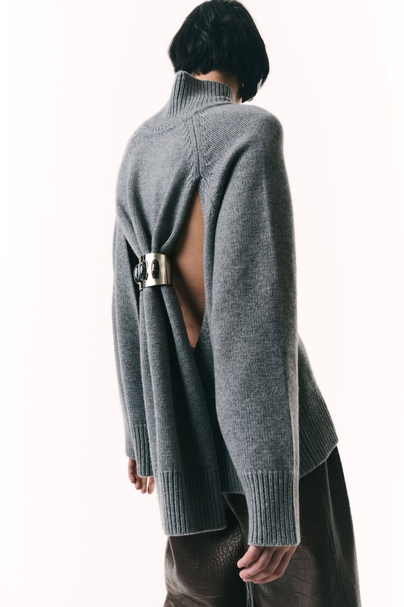 gray wool long-sleeve turtleneck oversized draped sweater