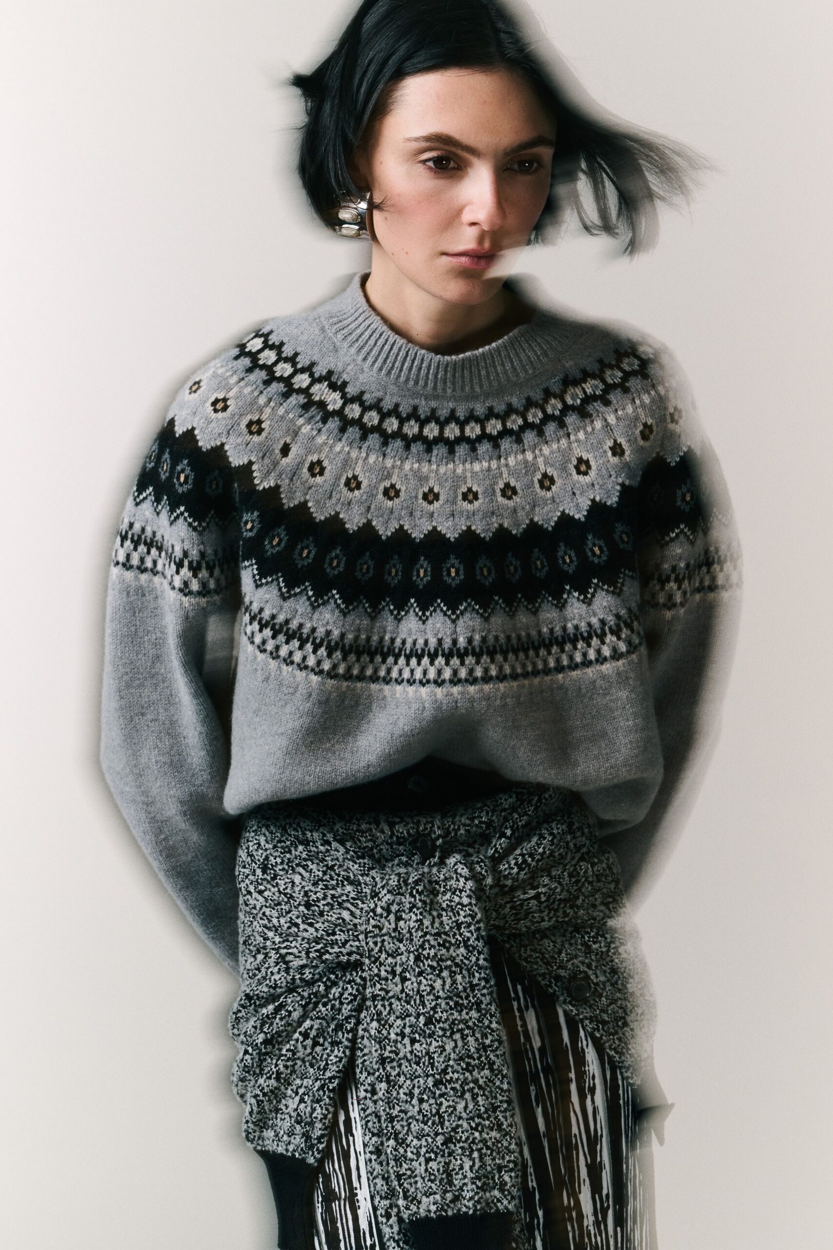 gray wool long-sleeve collared relaxed printed sweater