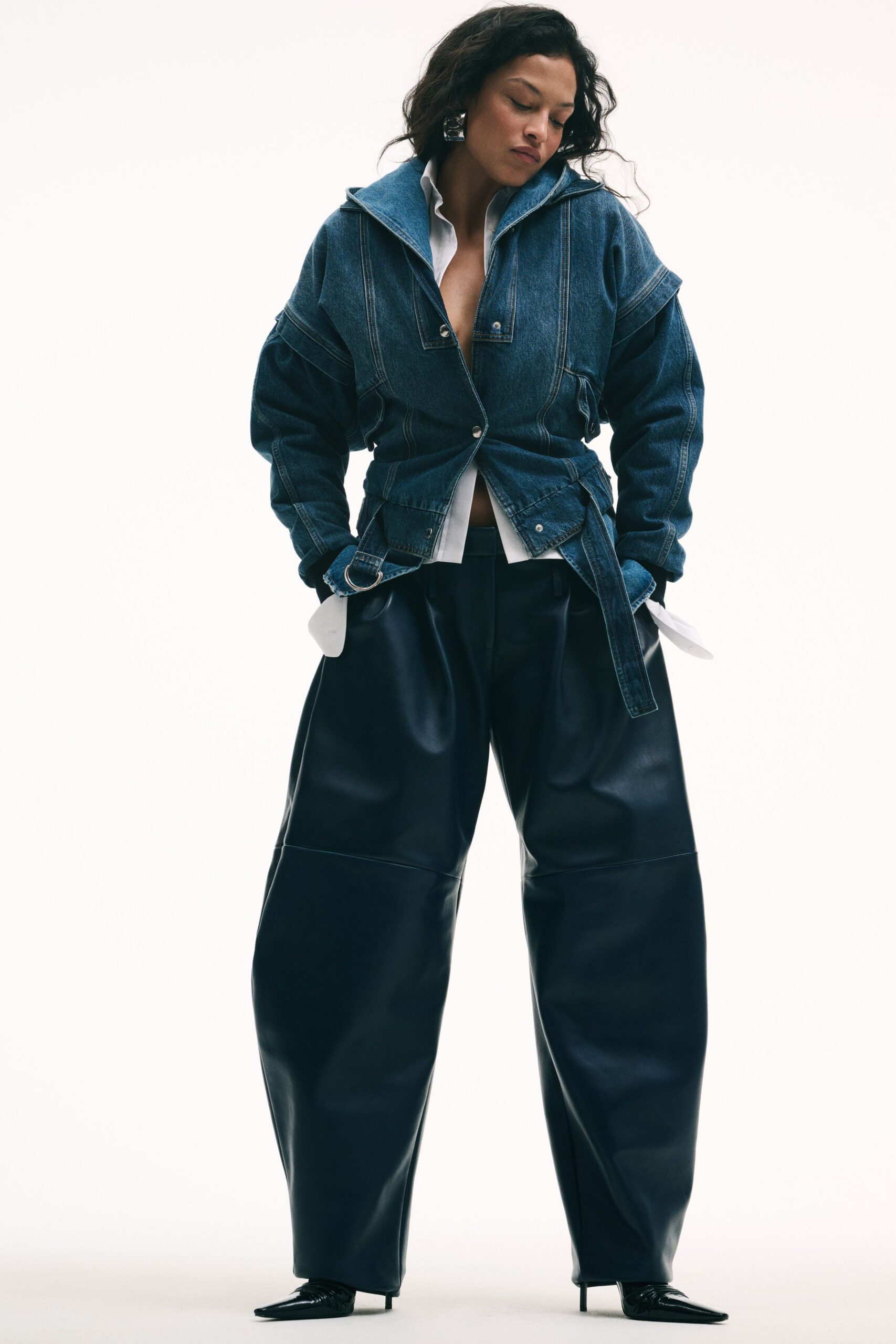 blue denim long-sleeve collared fitted zippered belted jacket
