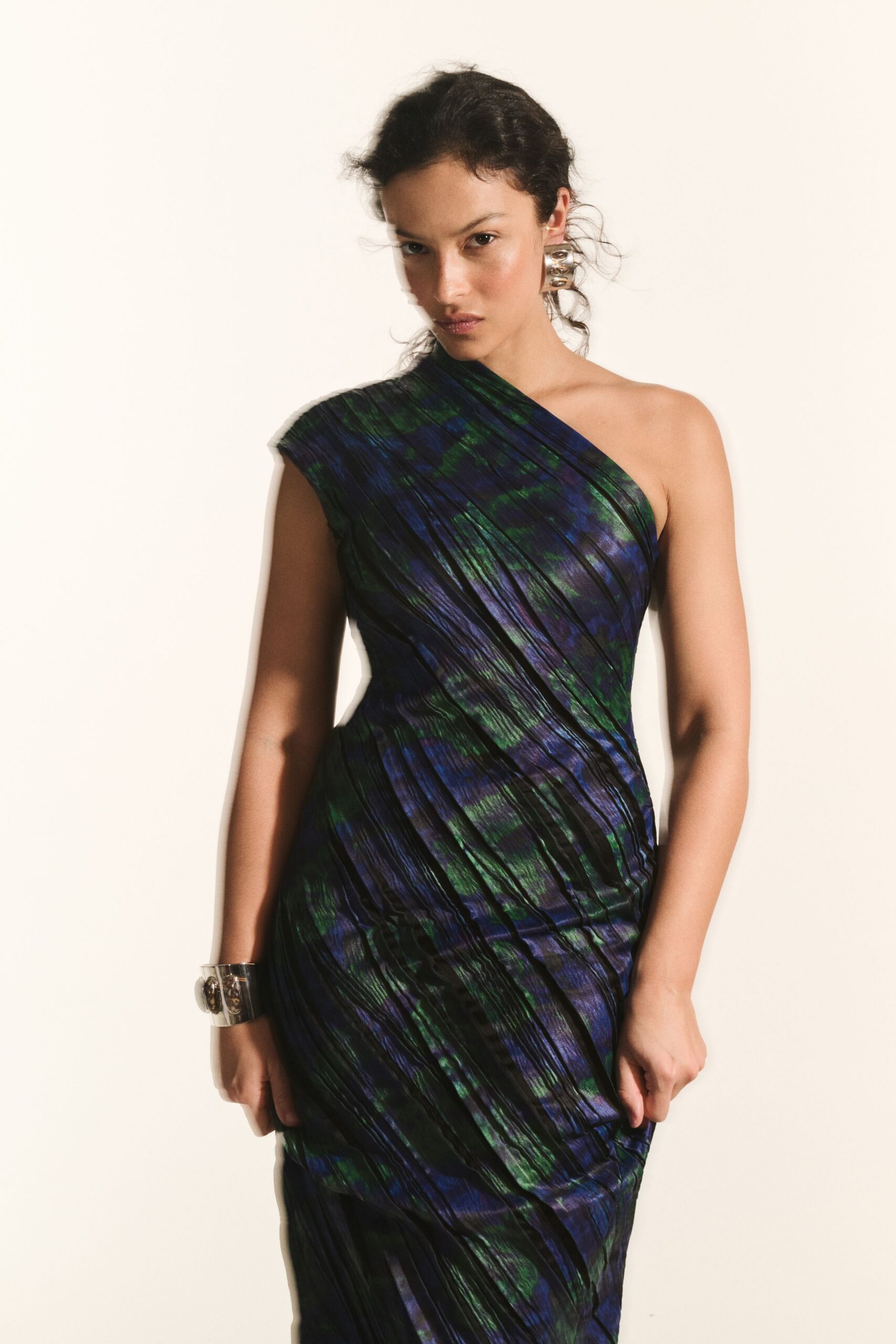 blue green pleated gown