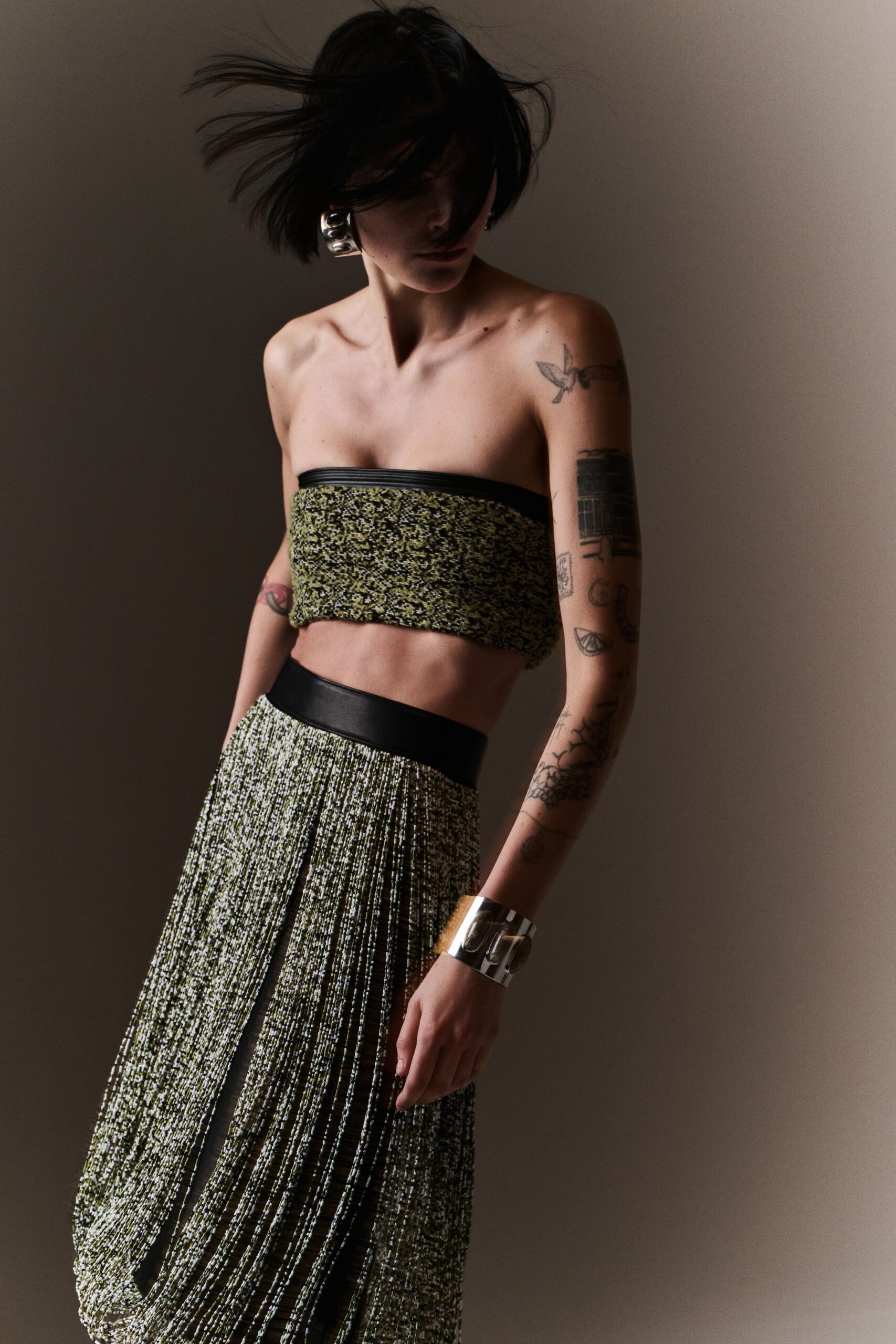 black silk strapless fitted pleated top