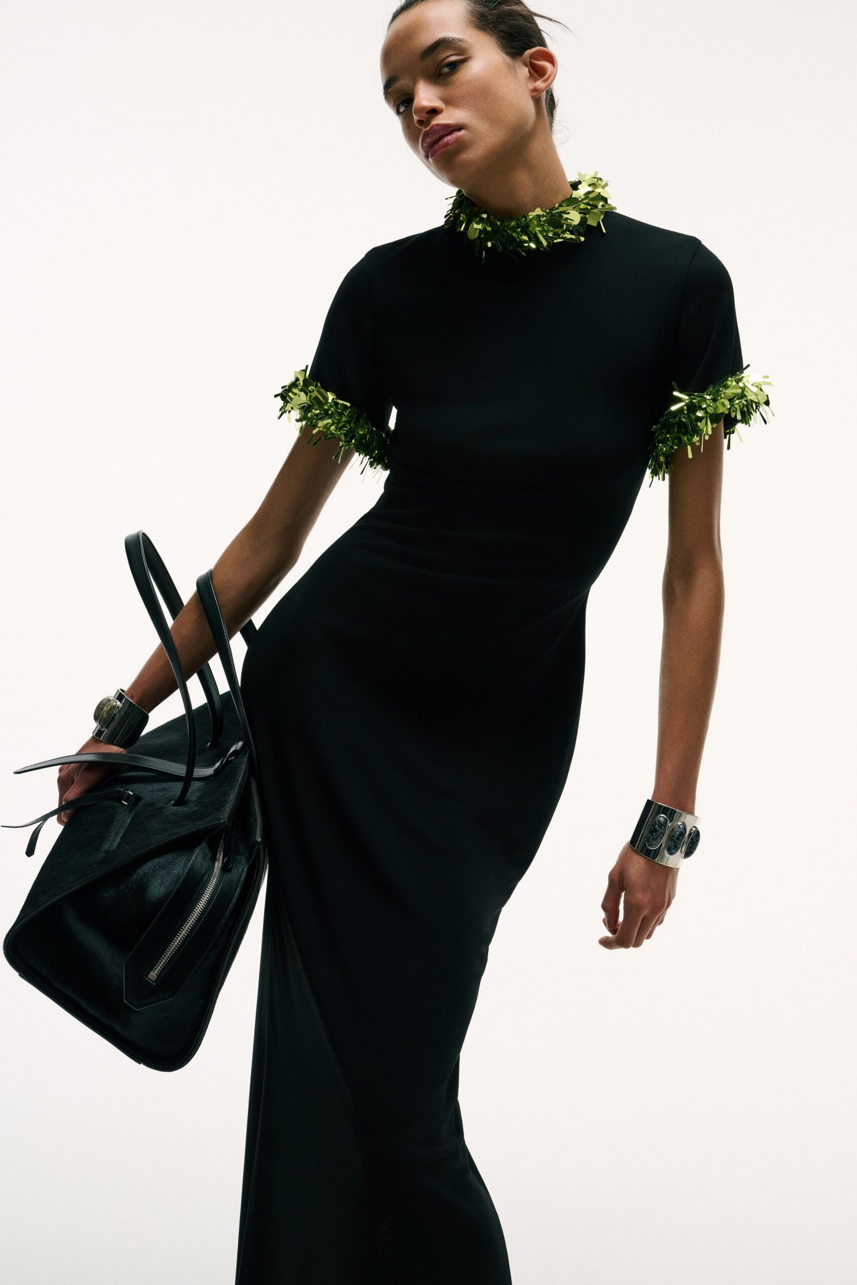 black cotton short-sleeve high-neck fitted embellished maxi dress