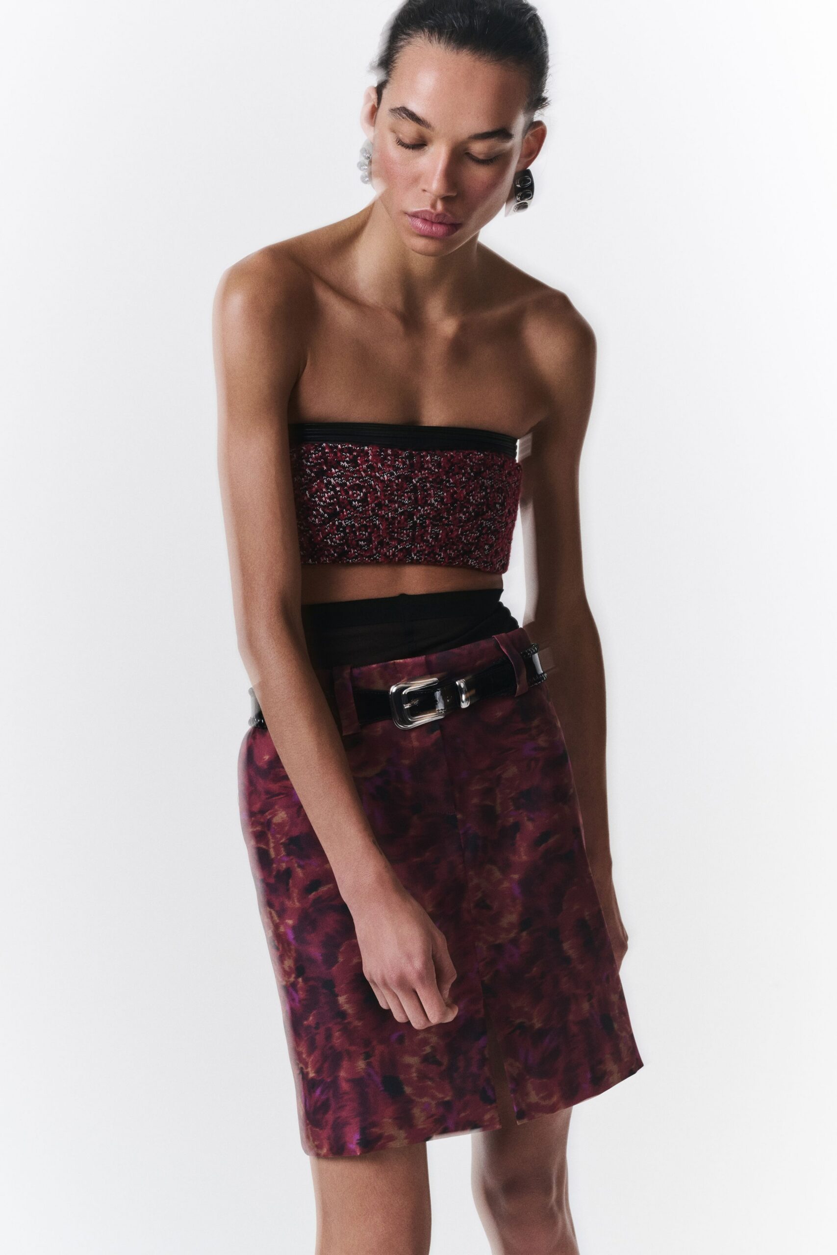 purple cotton fitted high-waisted straight-leg mini skirt