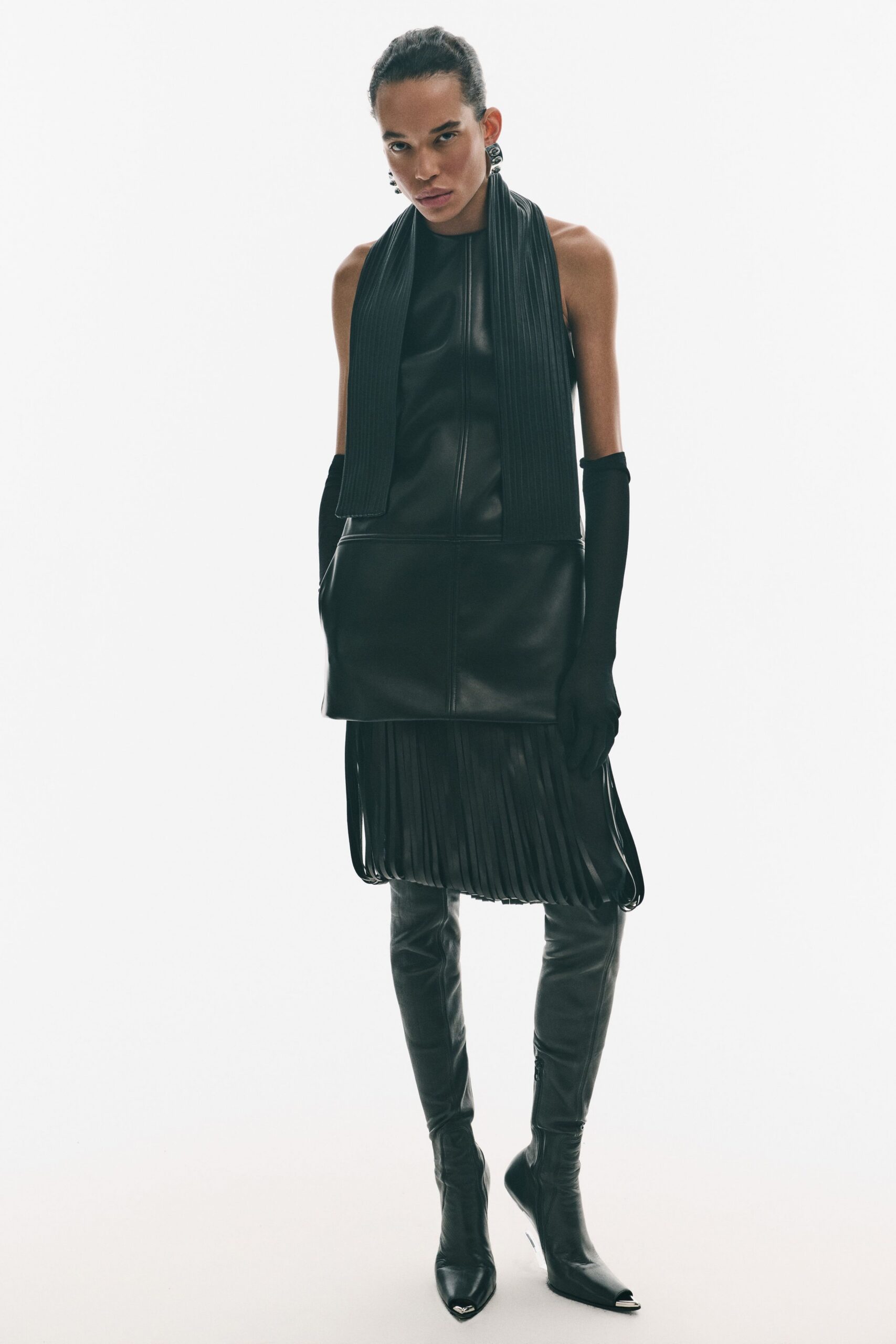 black leather sleeveless high-neck fitted pleated midi dress