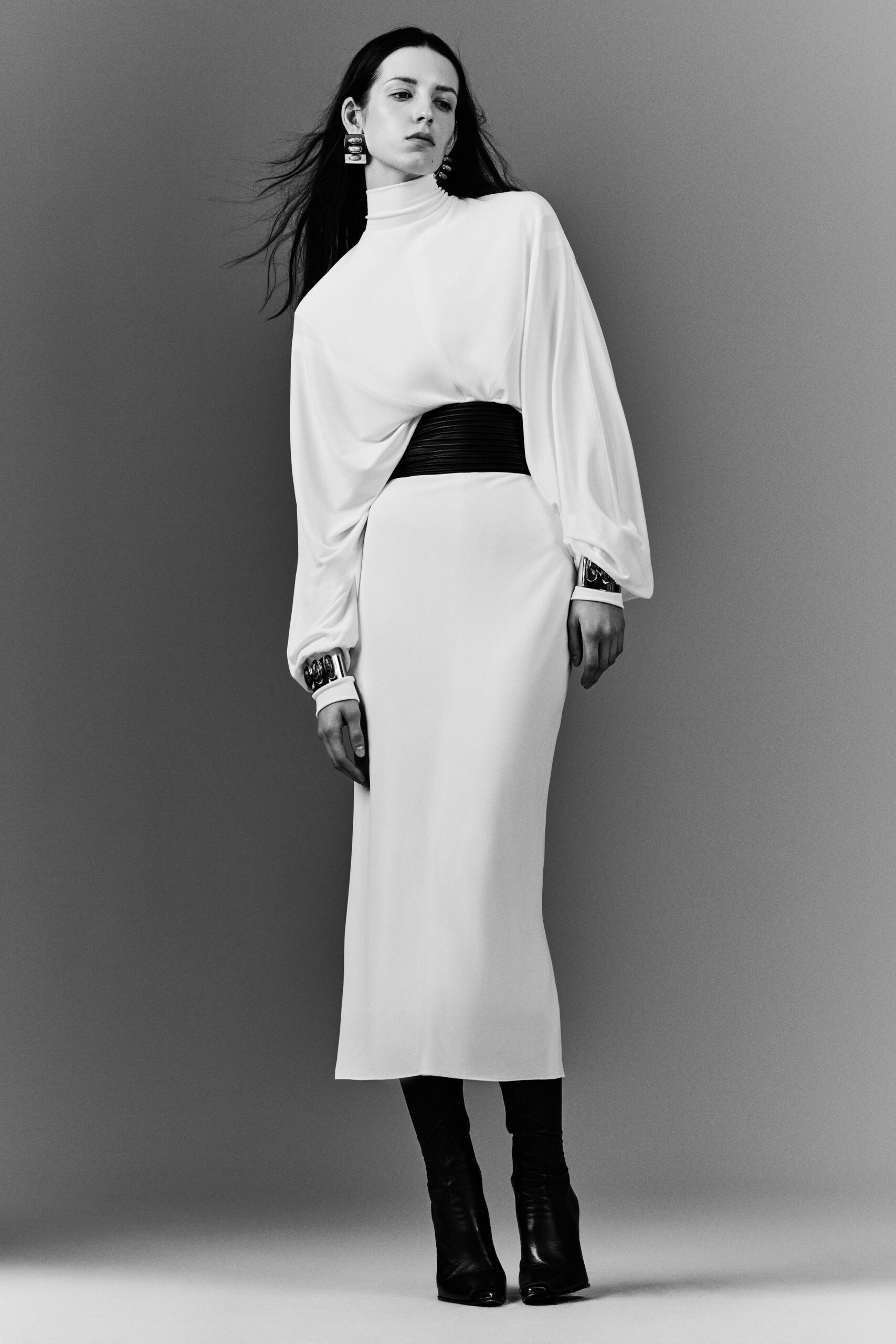 white silk long-sleeve high-neck fitted draped midi dress