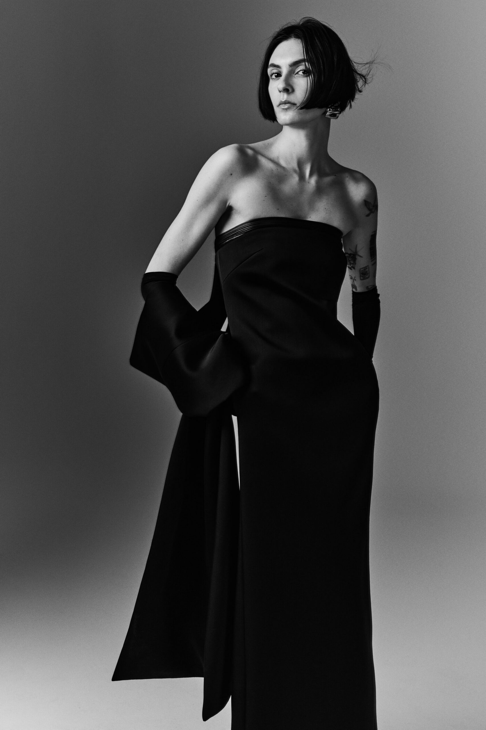 black silk strapless gown