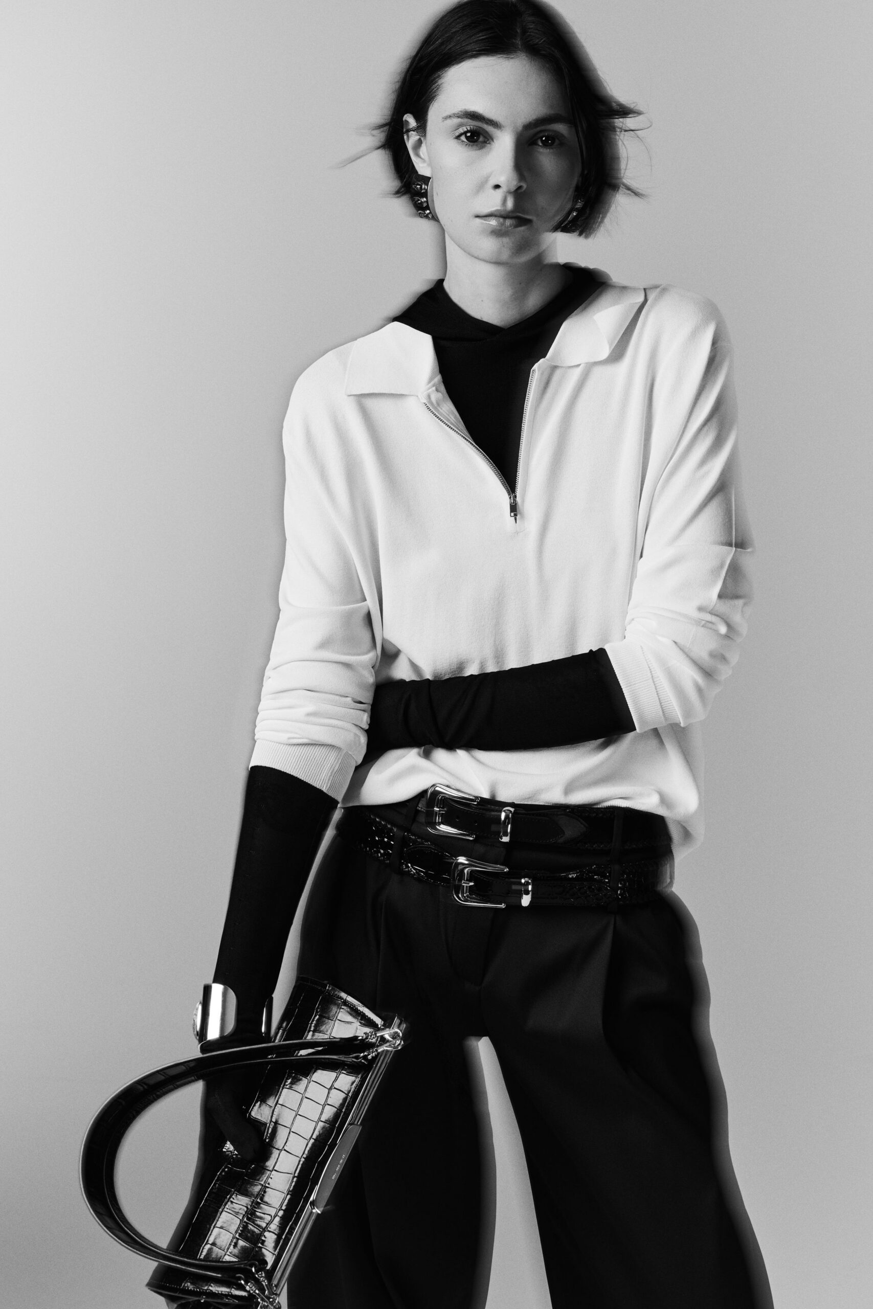 white cotton long-sleeve collared fitted zippered top