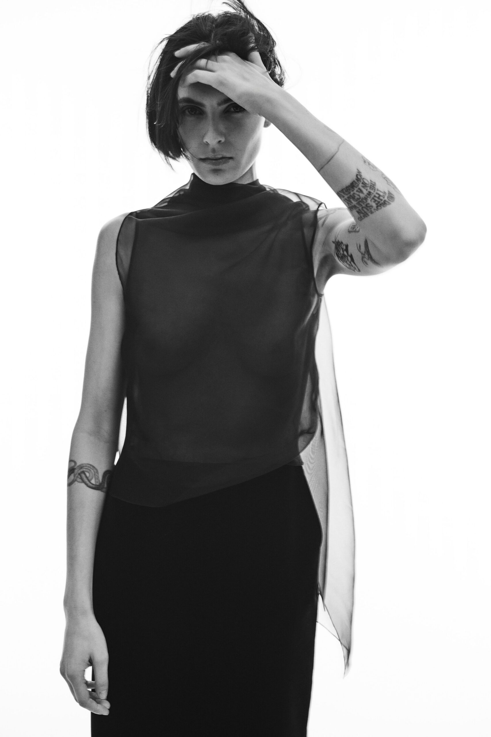 black silk fitted straight-leg midi skirt