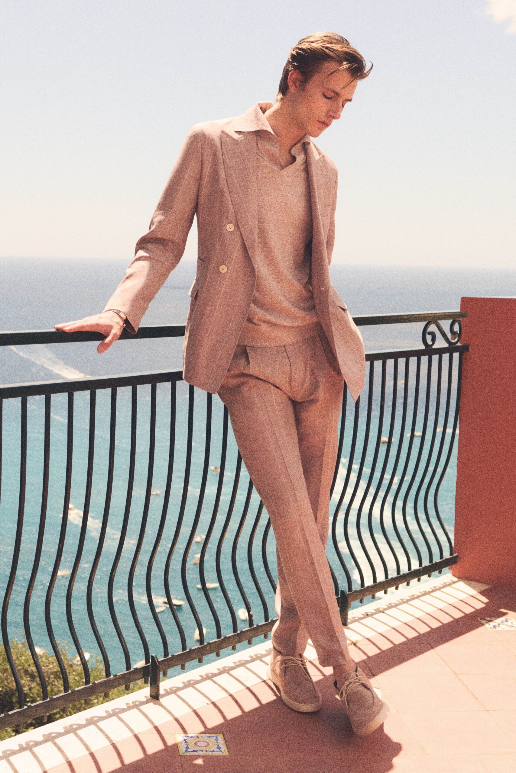 beige linen long-sleeve collared tailored buttoned suit