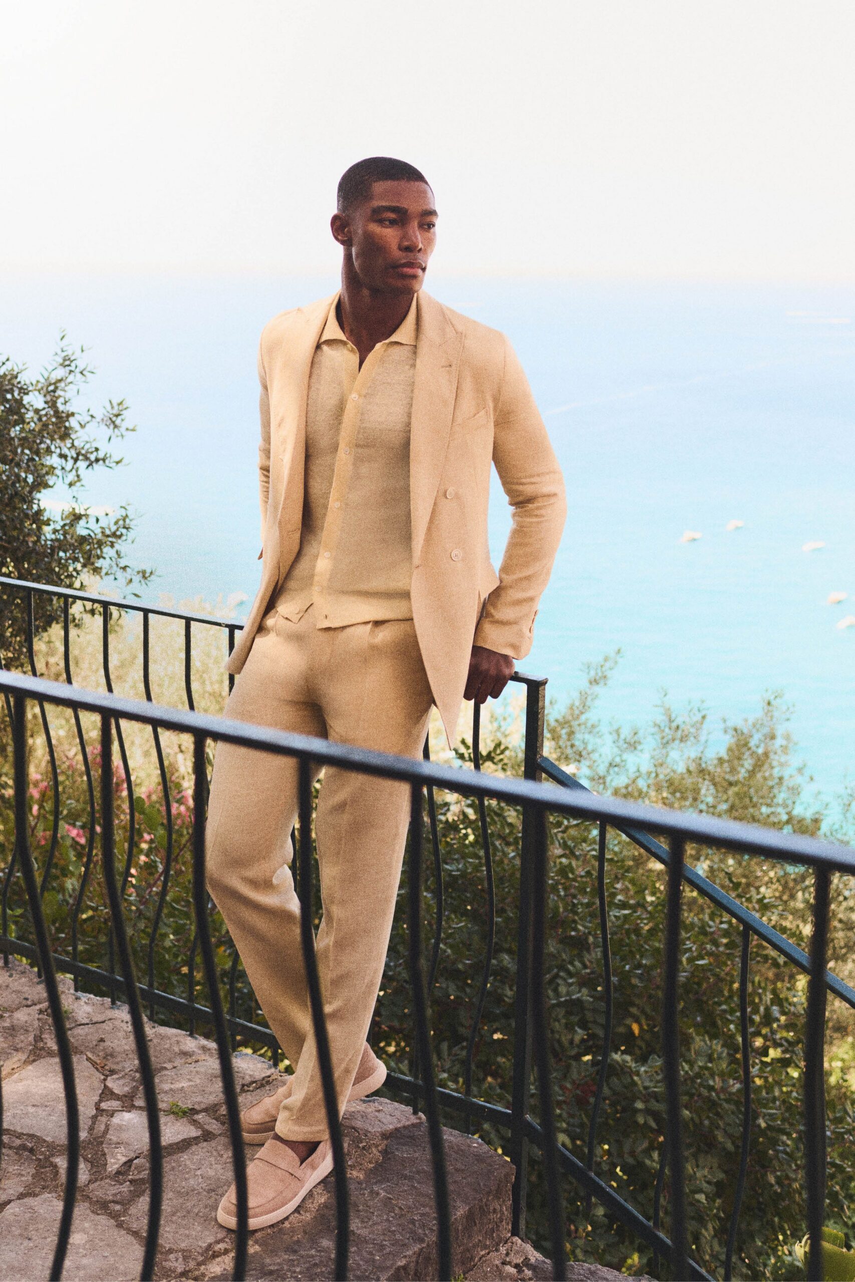 beige linen long-sleeve collared tailored suit