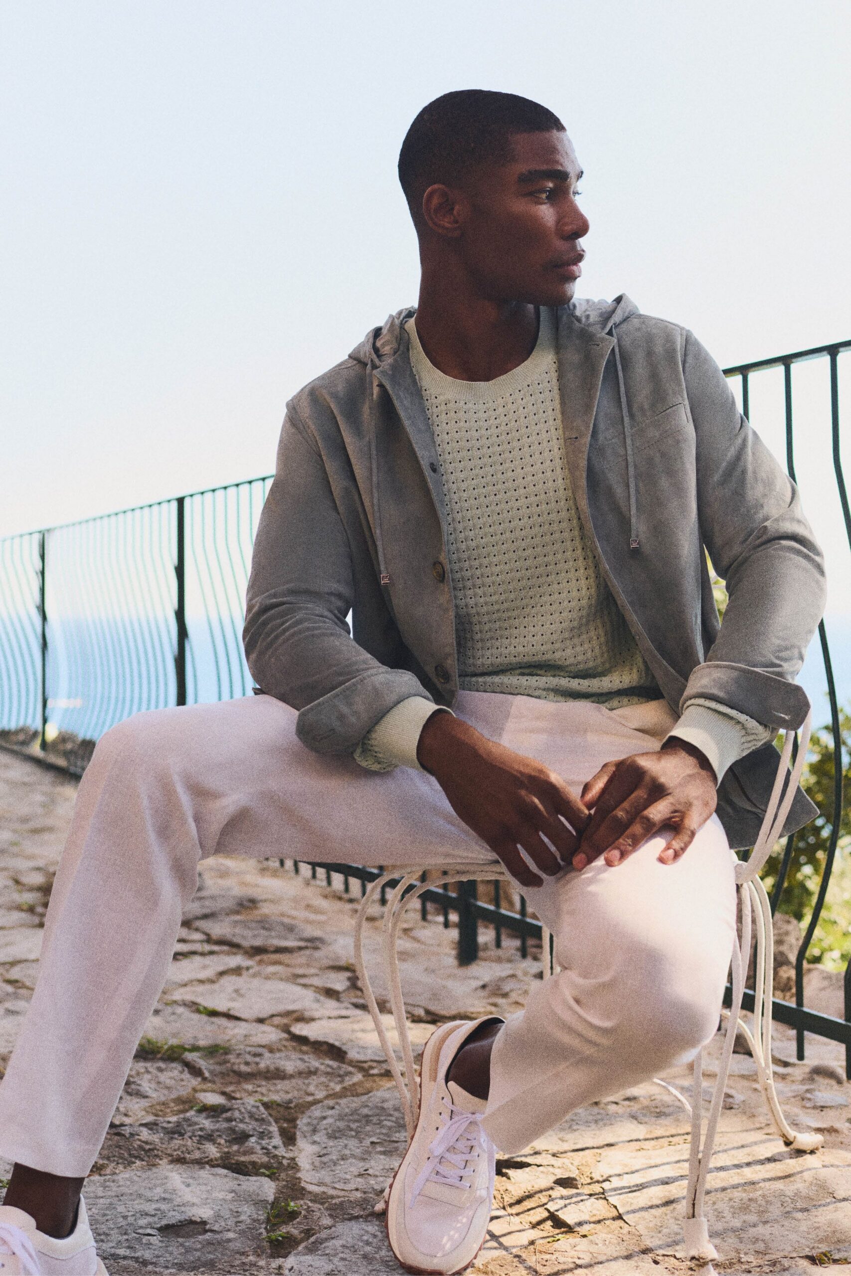 gray suede long-sleeve hooded relaxed jacket