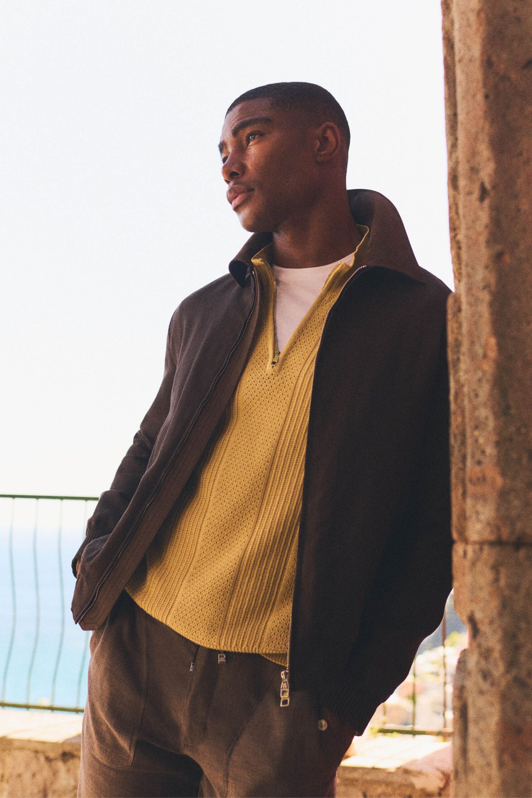 yellow cotton long-sleeve high-neck fitted textured top