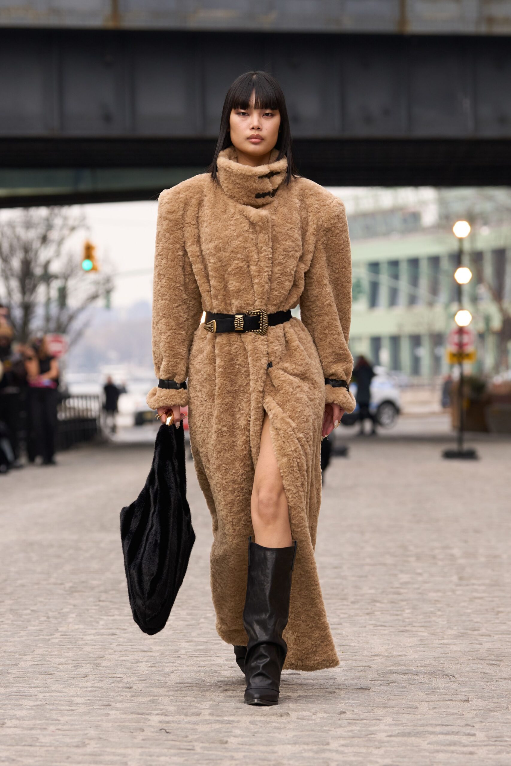 brown faux-fur long-sleeve high-neck relaxed belted maxi coat