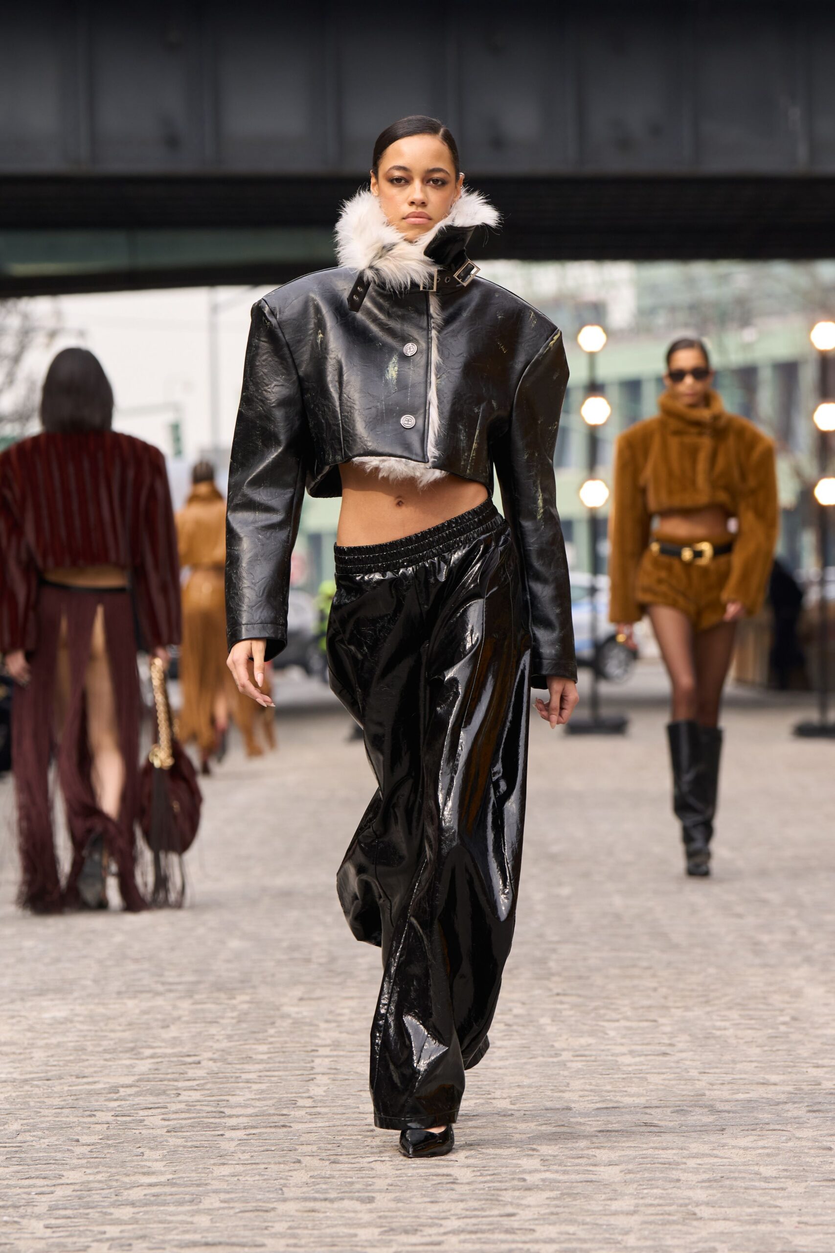 black vinyl relaxed wide-leg shiny pants