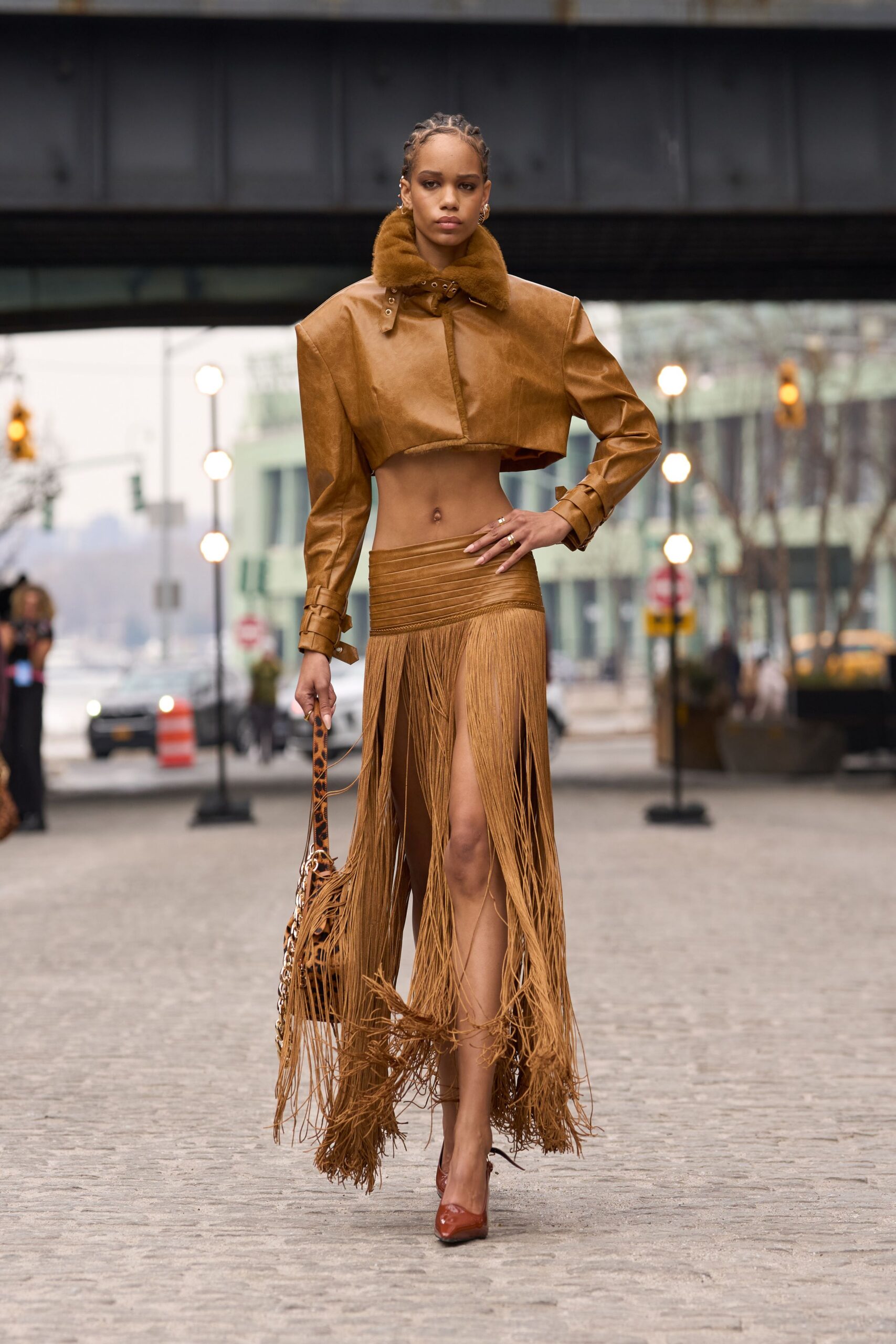 brown leather slit fitted high-waisted fringed midi skirt