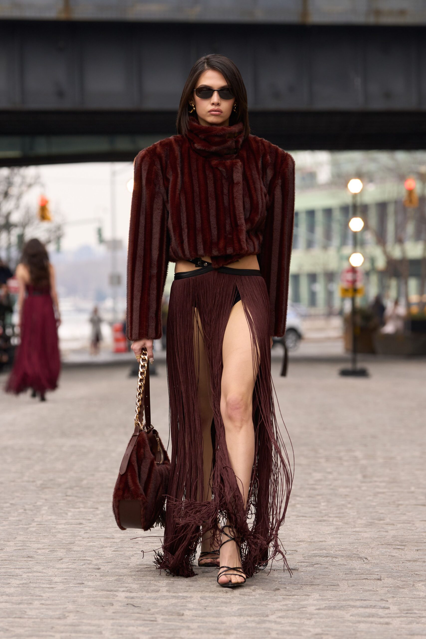 brown silk slit fitted high-waisted fringed skirt