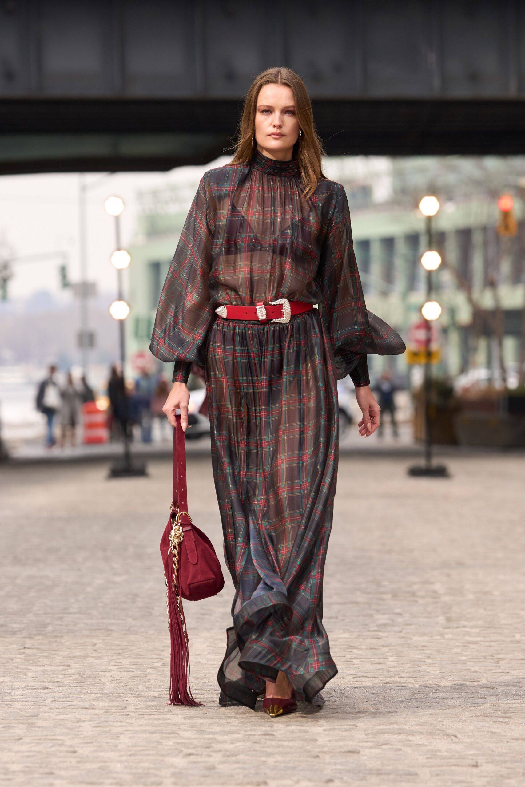 black silk long-sleeve high-neck relaxed checked dress
