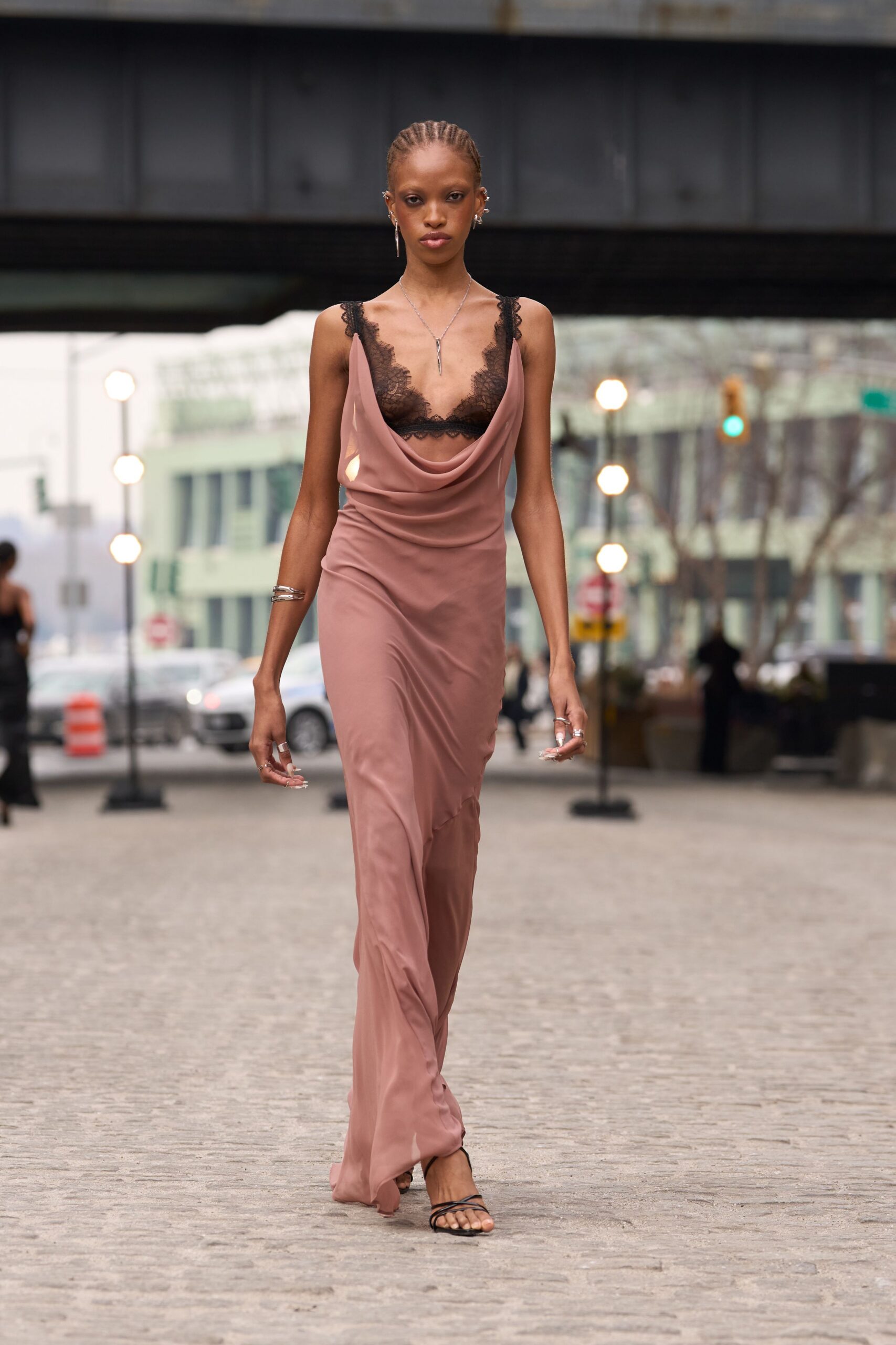 pink silk sleeveless v-neck fitted draped flowing gown