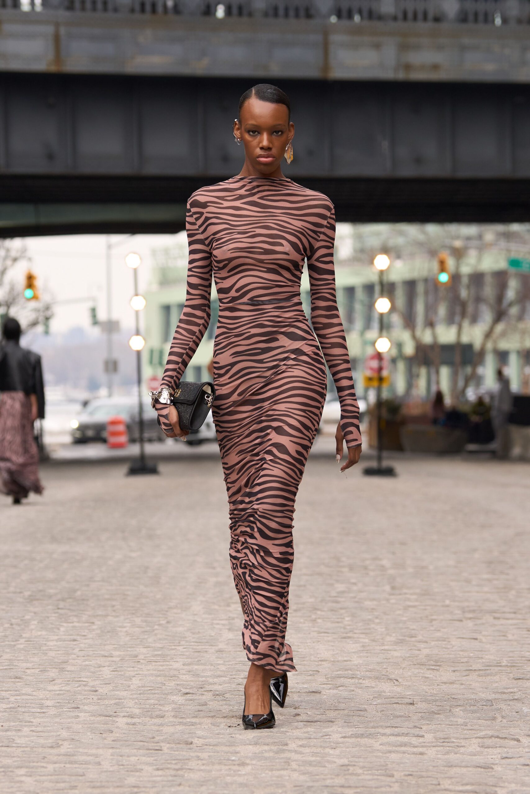 brown jersey long-sleeve high-neck fitted animal-print maxi dress
