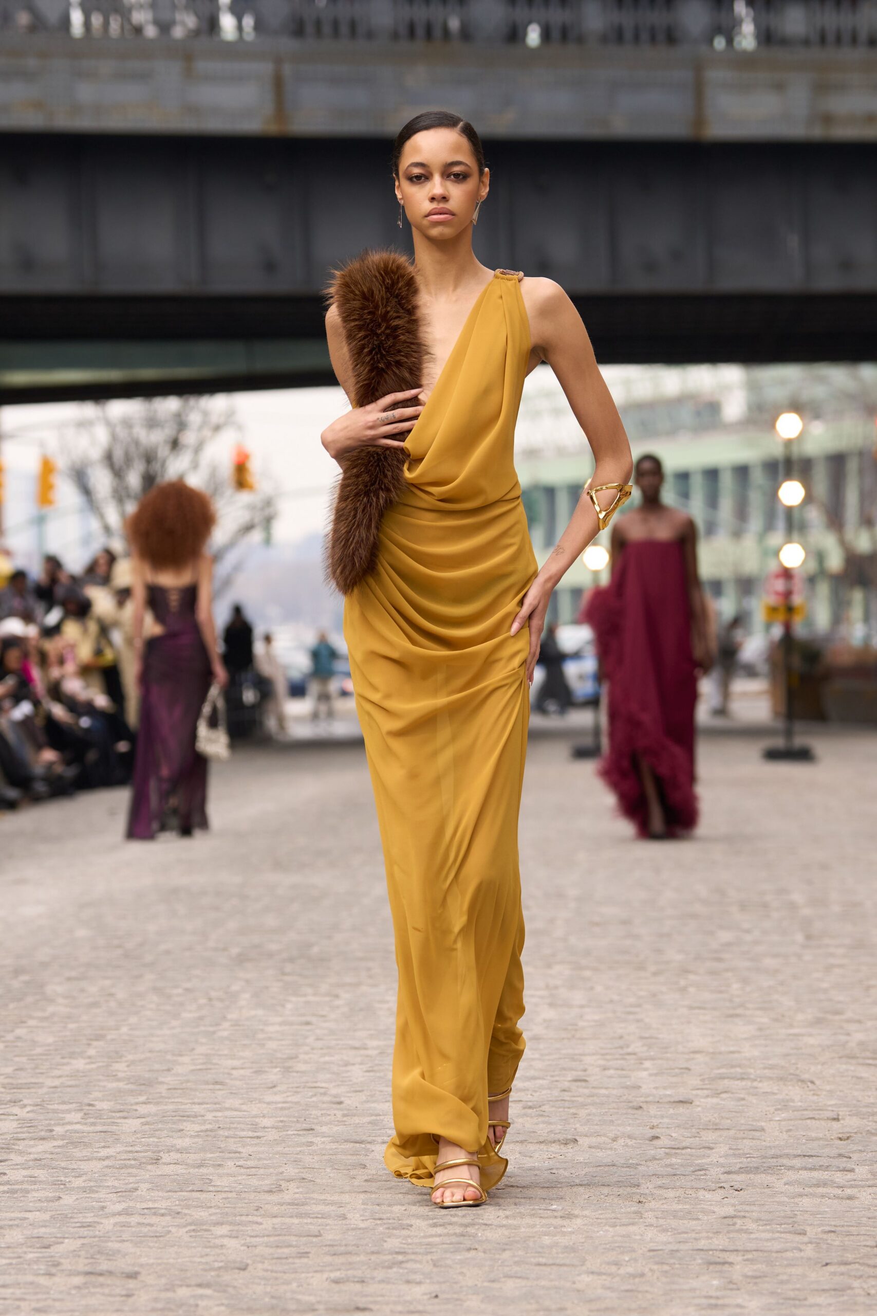 yellow silk sleeveless v-neck fitted draped flowing gown