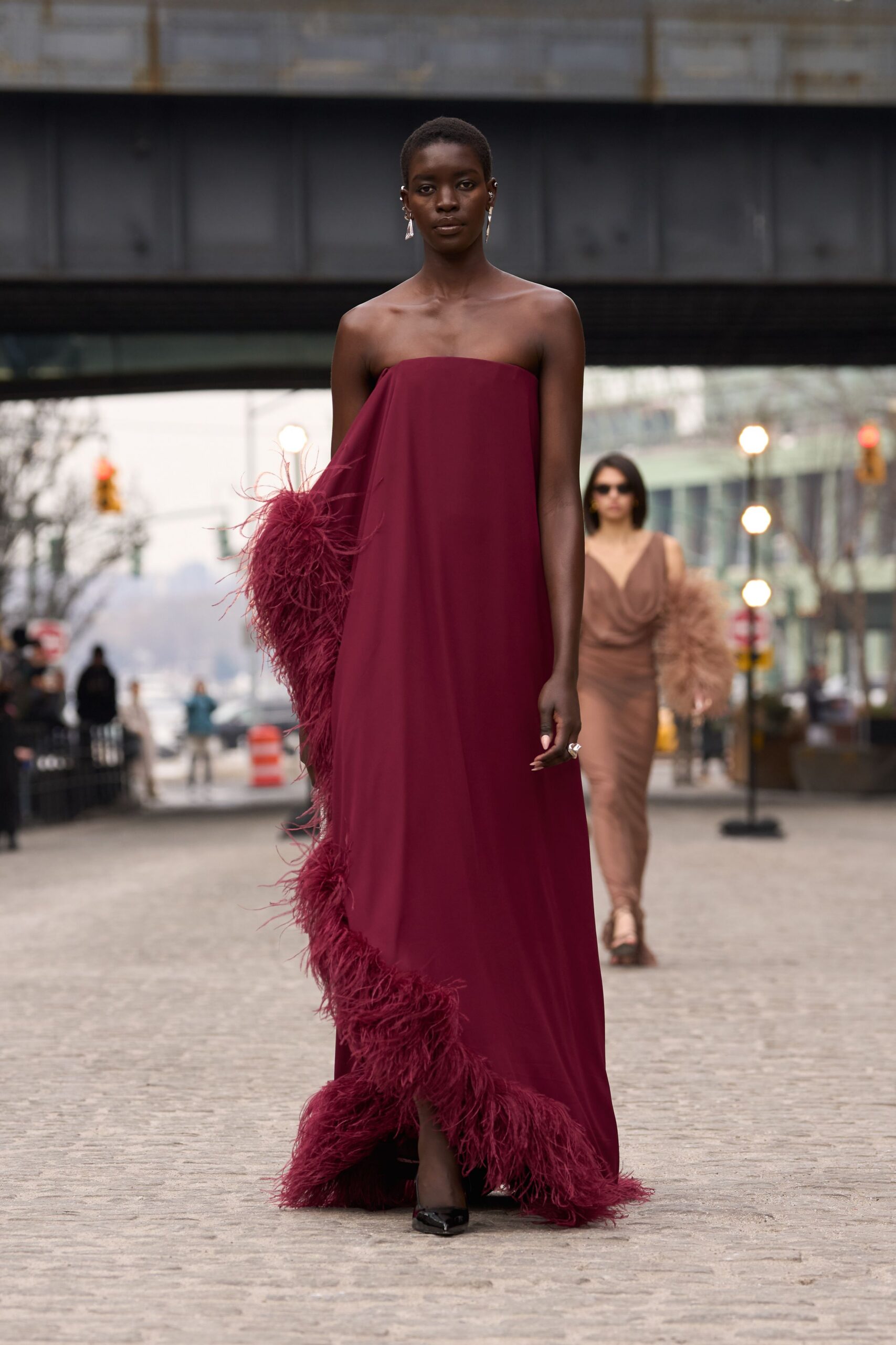 maroon silk strapless fitted fringed maxi gown