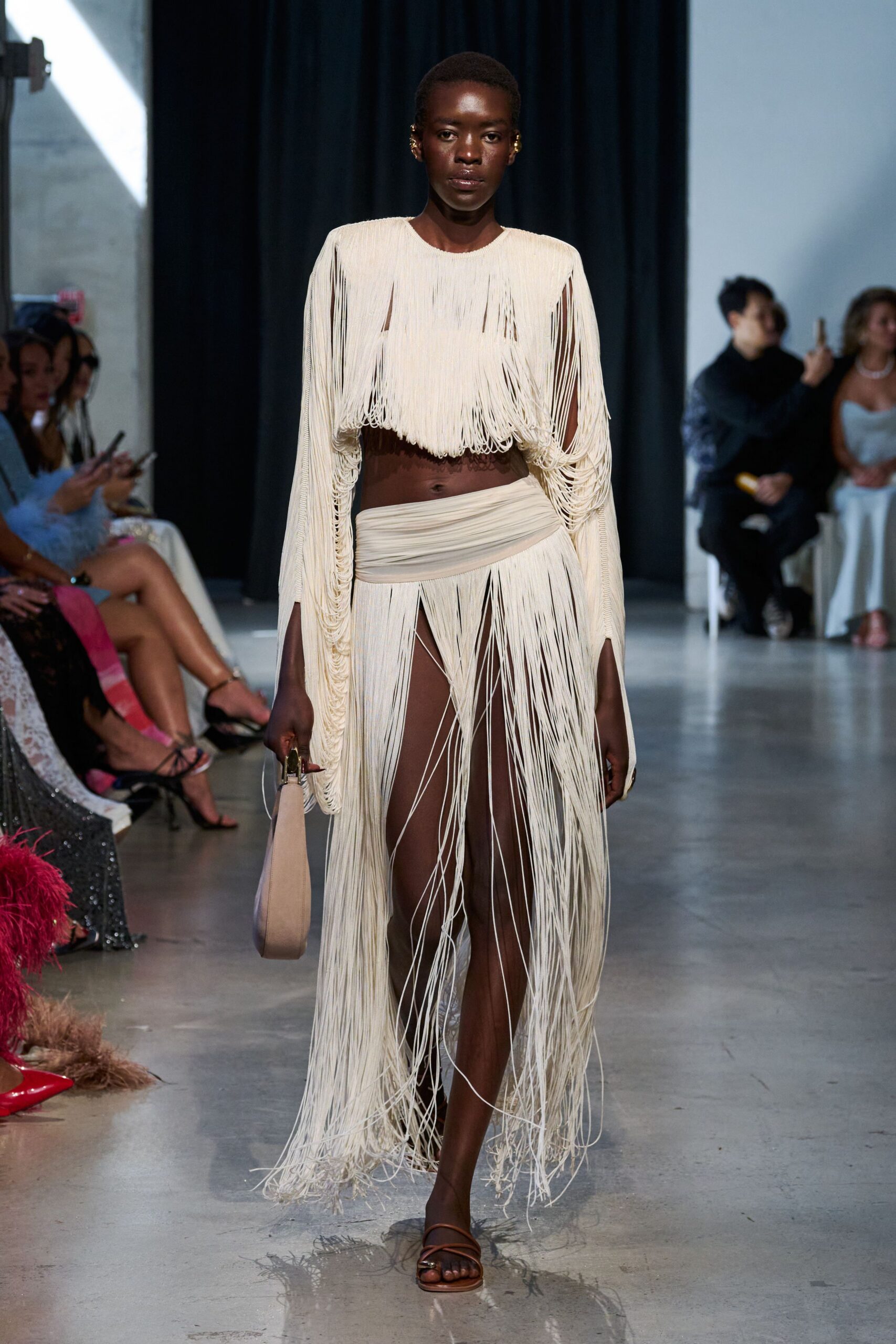 white silk fitted high-waisted fringed mini skirt