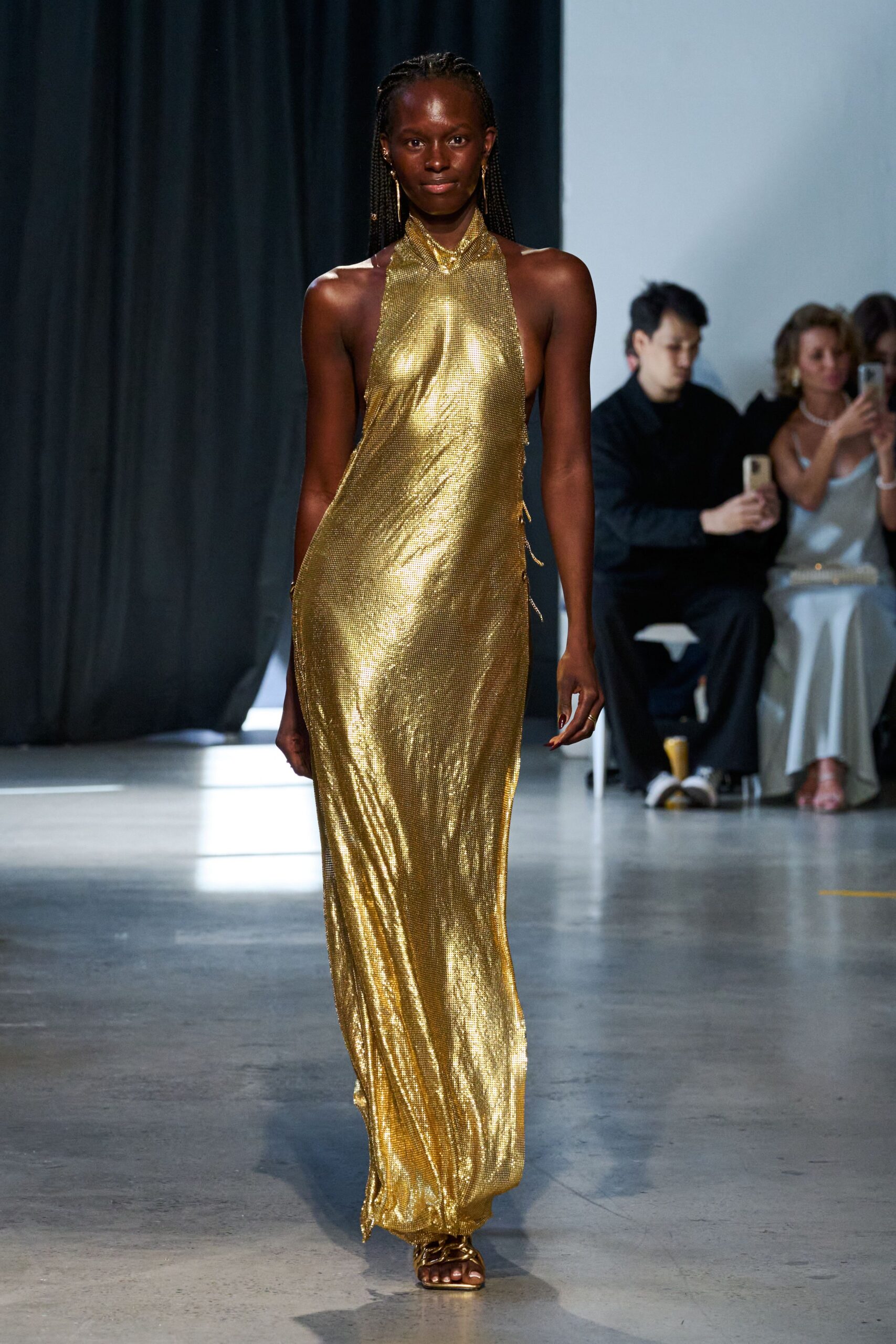 gold silk sleeveless halter fitted draped shiny gown