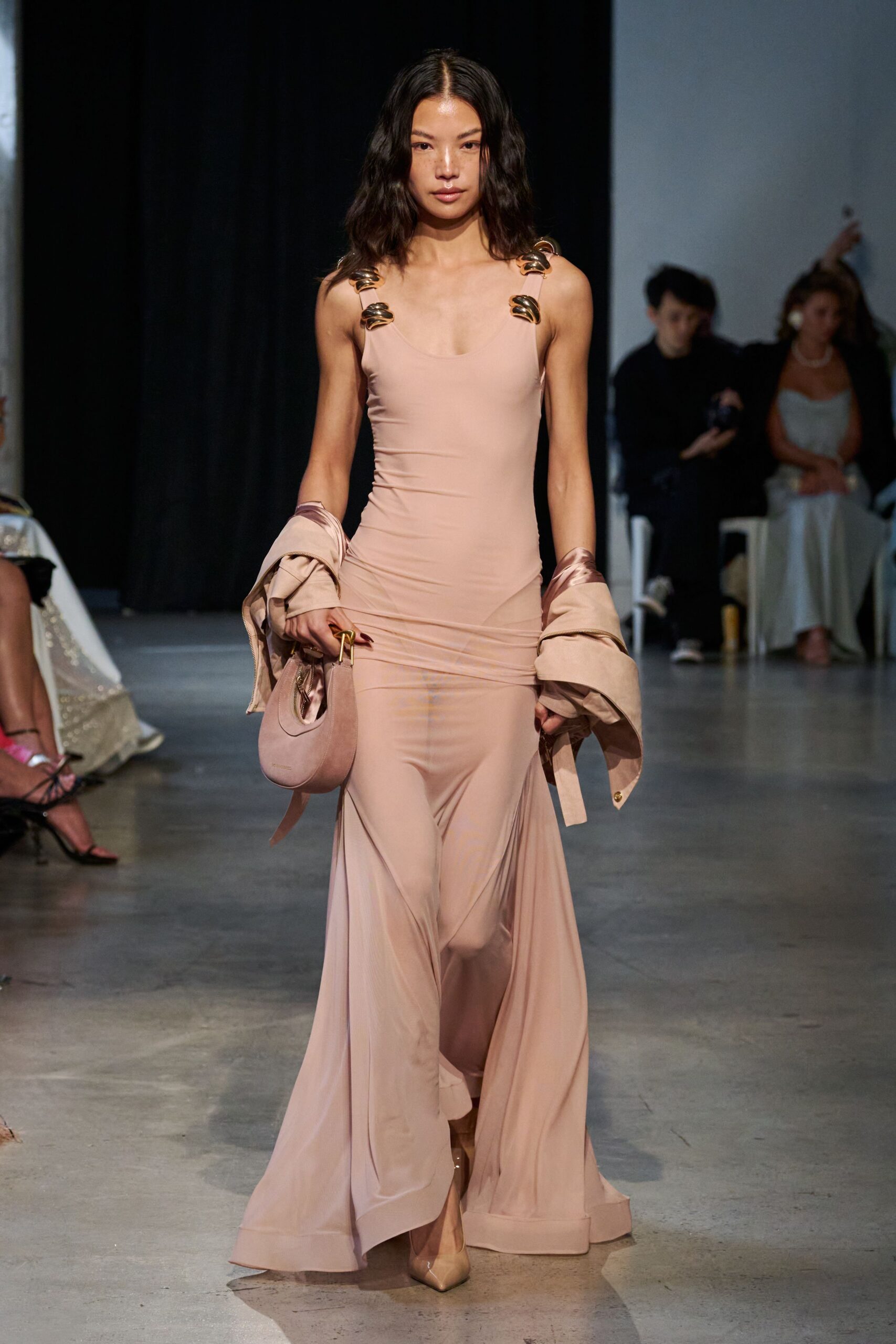 pink silk sleeveless v-neck fitted draped flowing gown