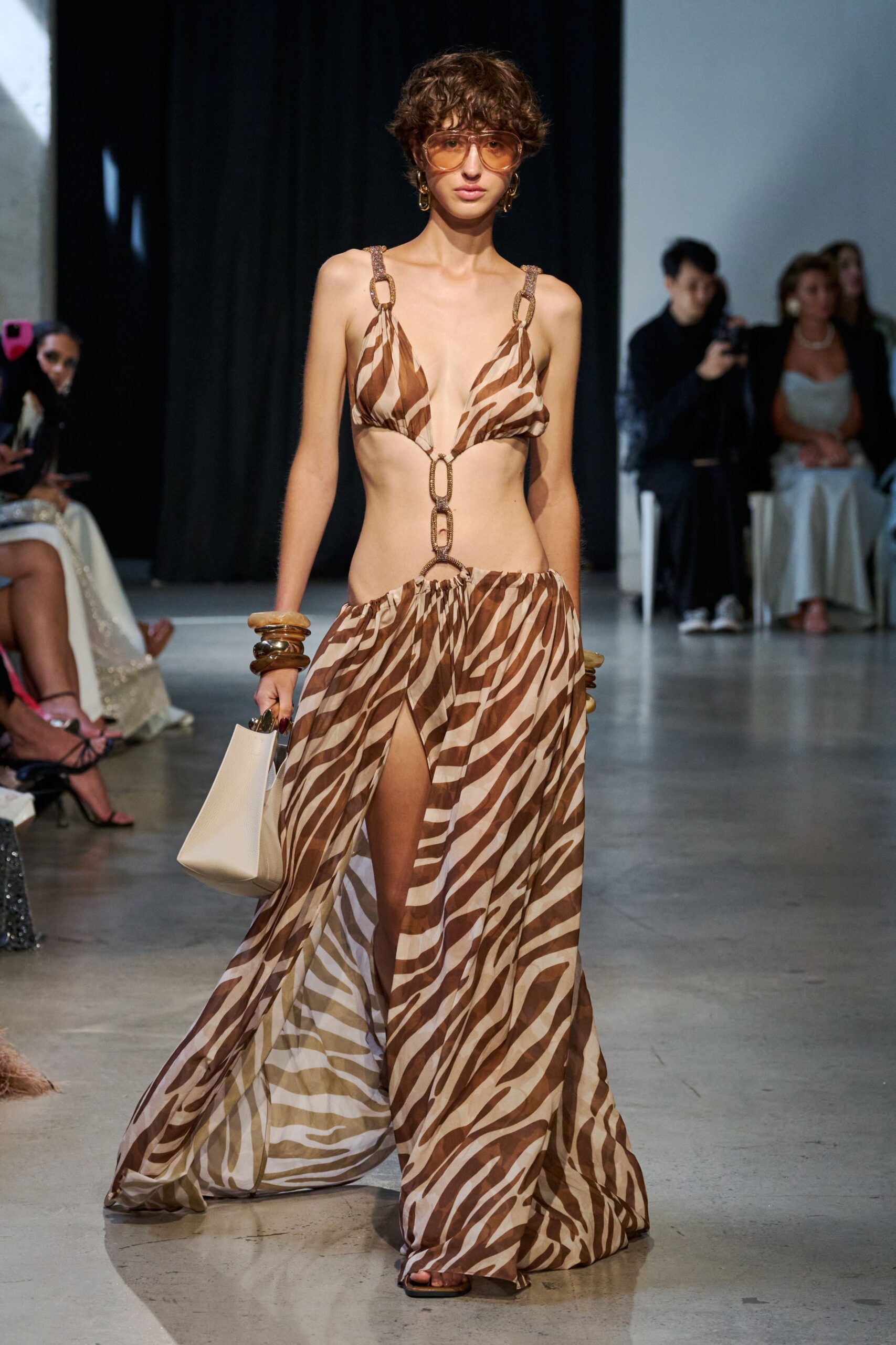 brown silk sleeveless v-neck fitted animal-print draped dress