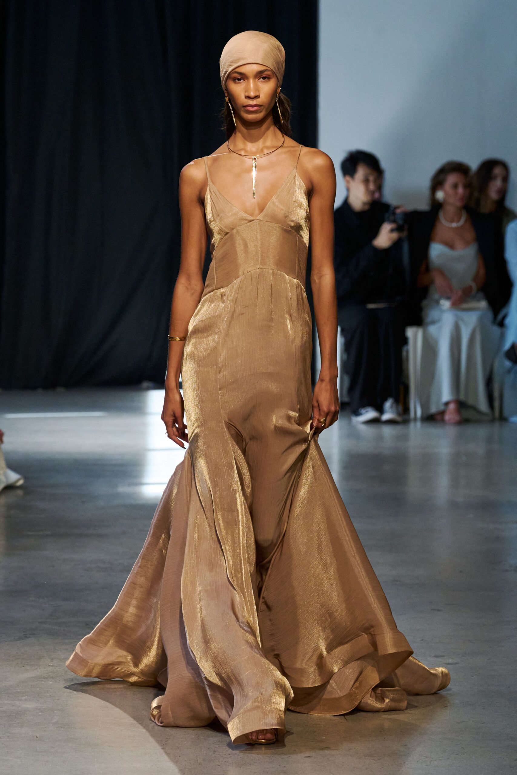 beige silk sleeveless gown