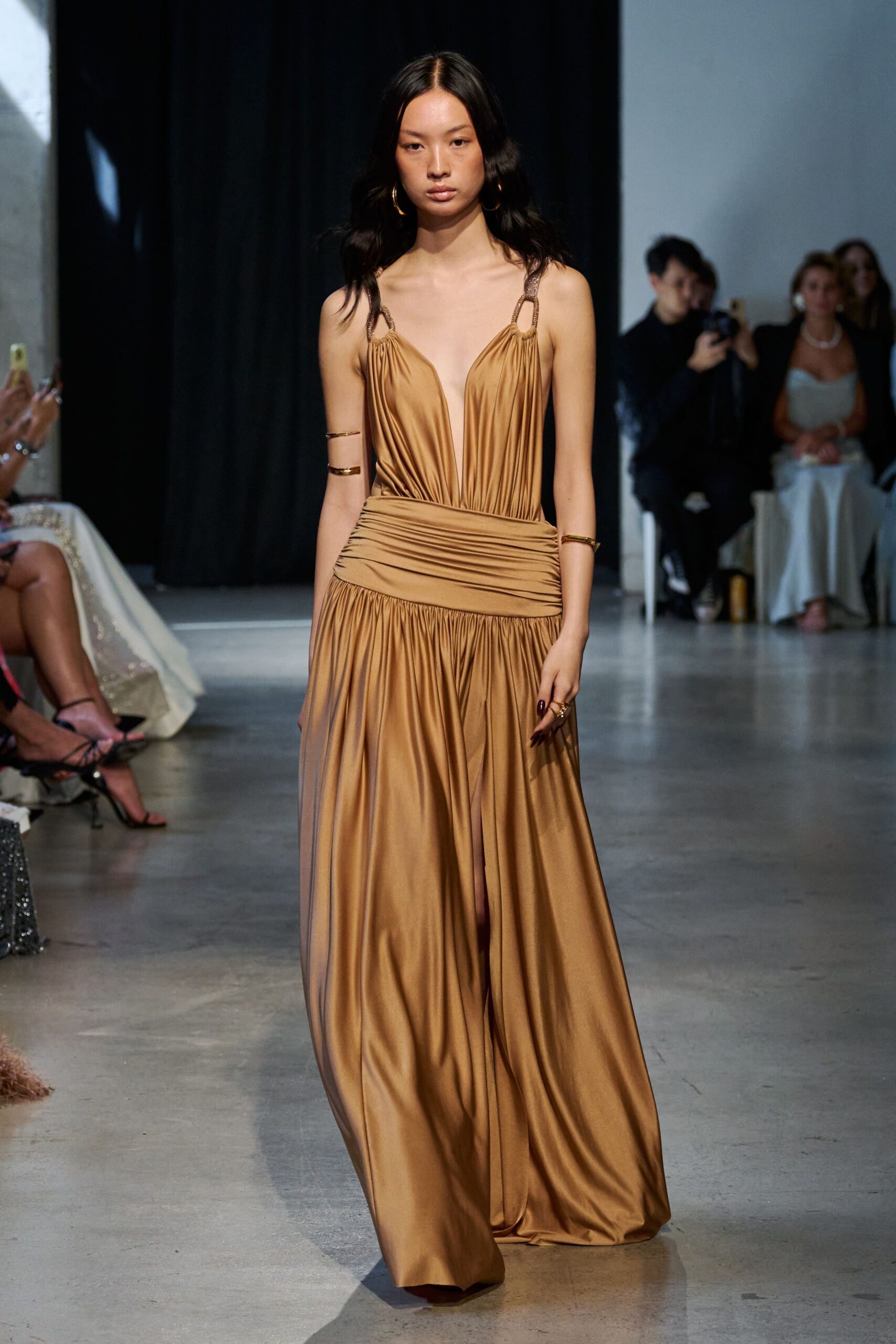 gold silk sleeveless gown