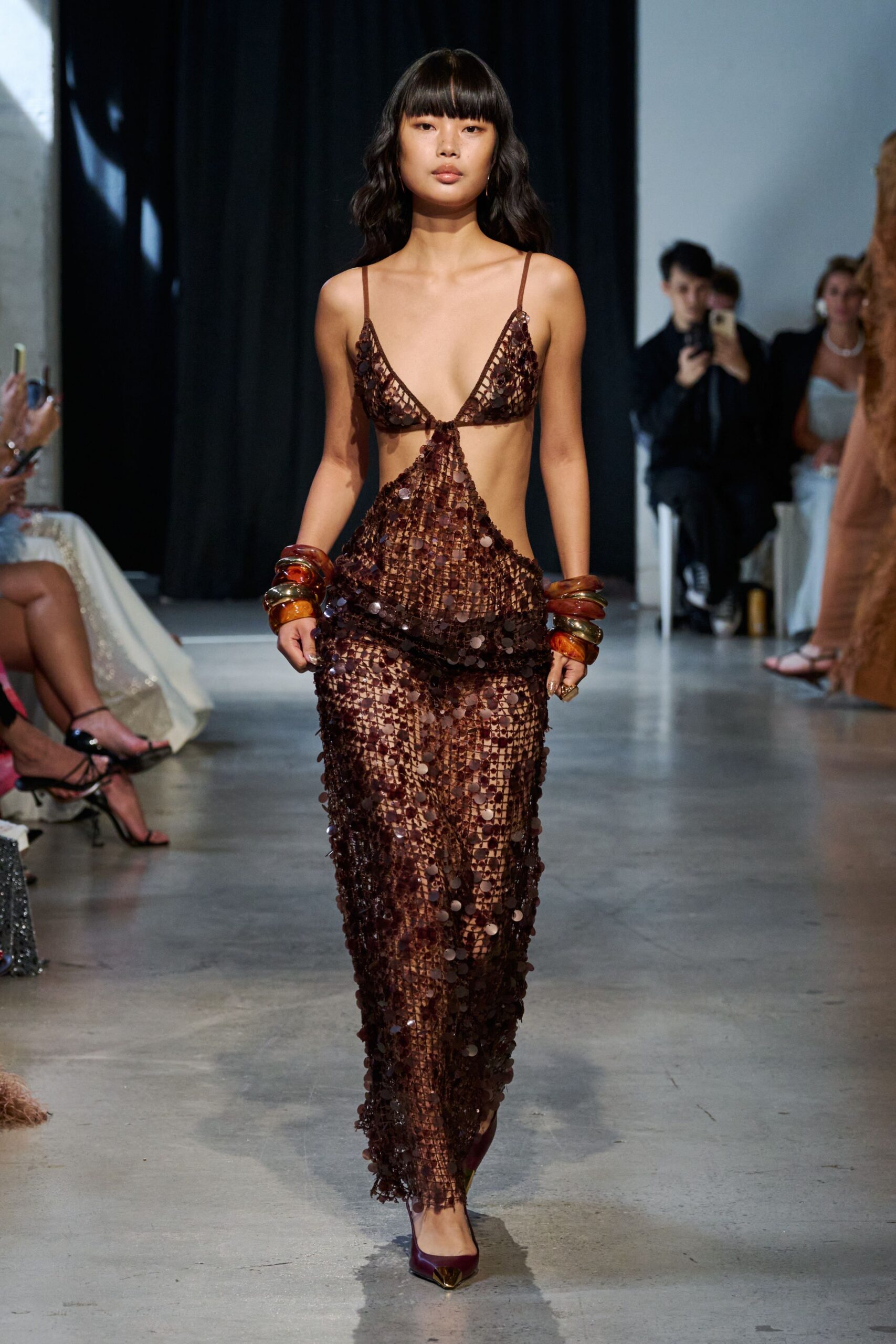 brown sequin sleeveless v-neck fitted layered shiny dress