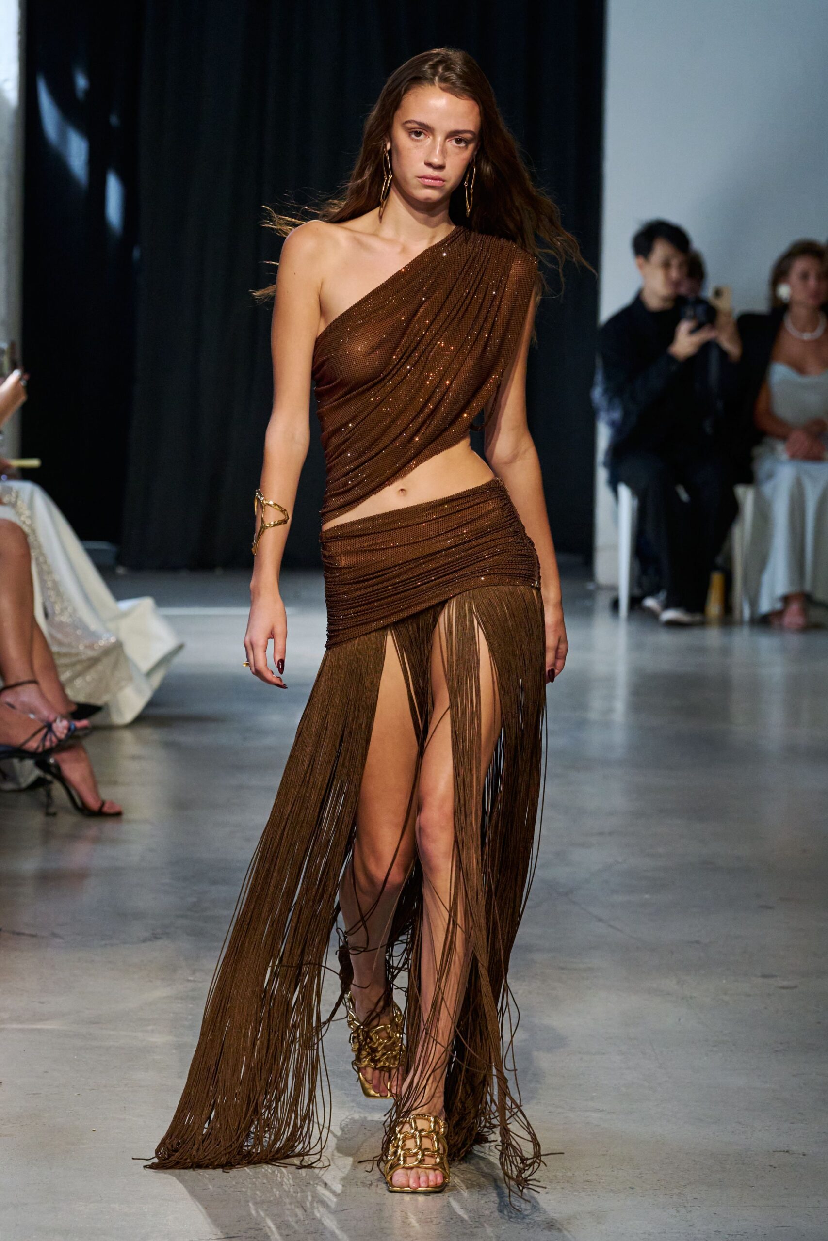 brown silk sleeveless off-shoulder fitted fringed flowing dress