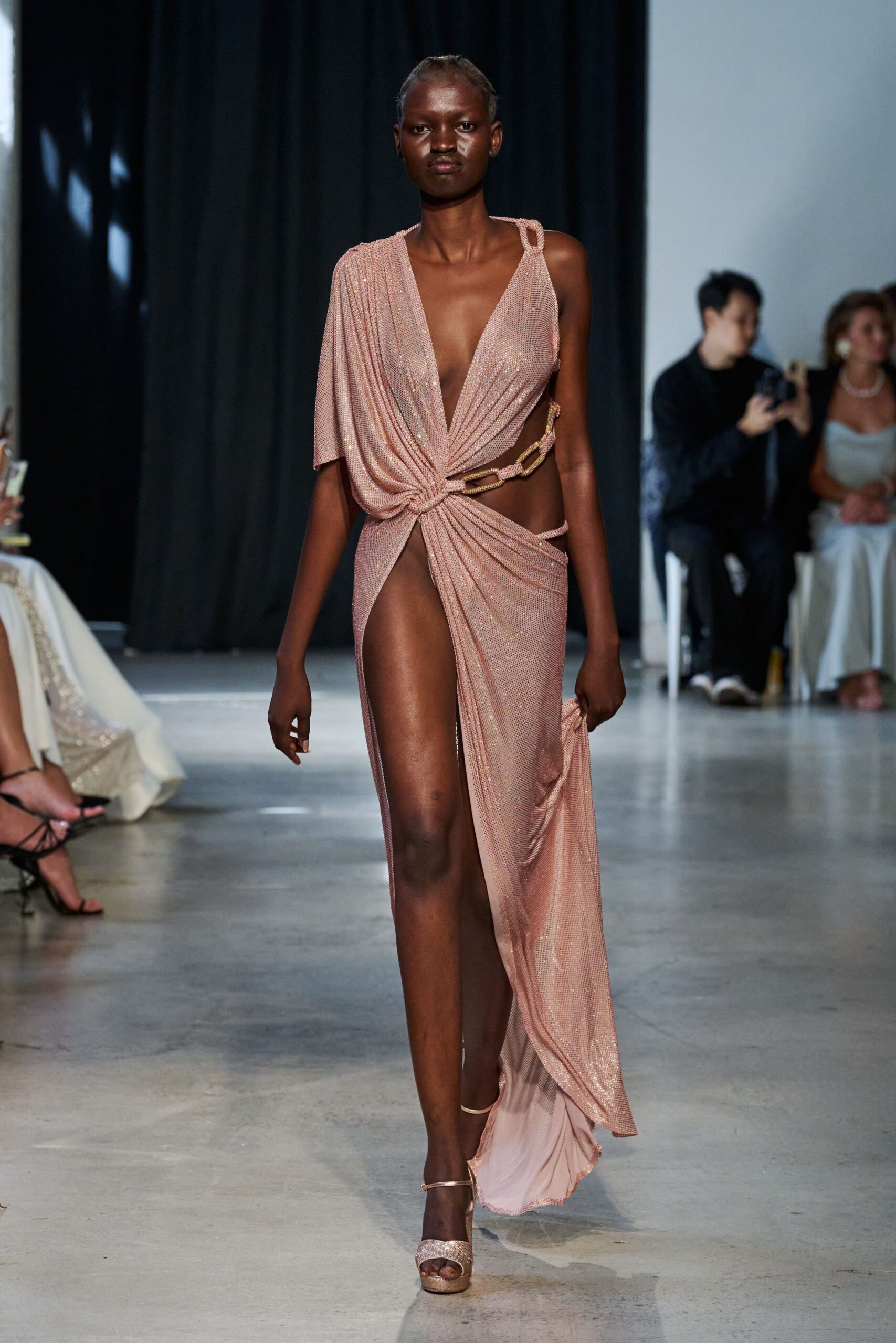 pink silk sleeveless v-neck fitted draped shiny gown