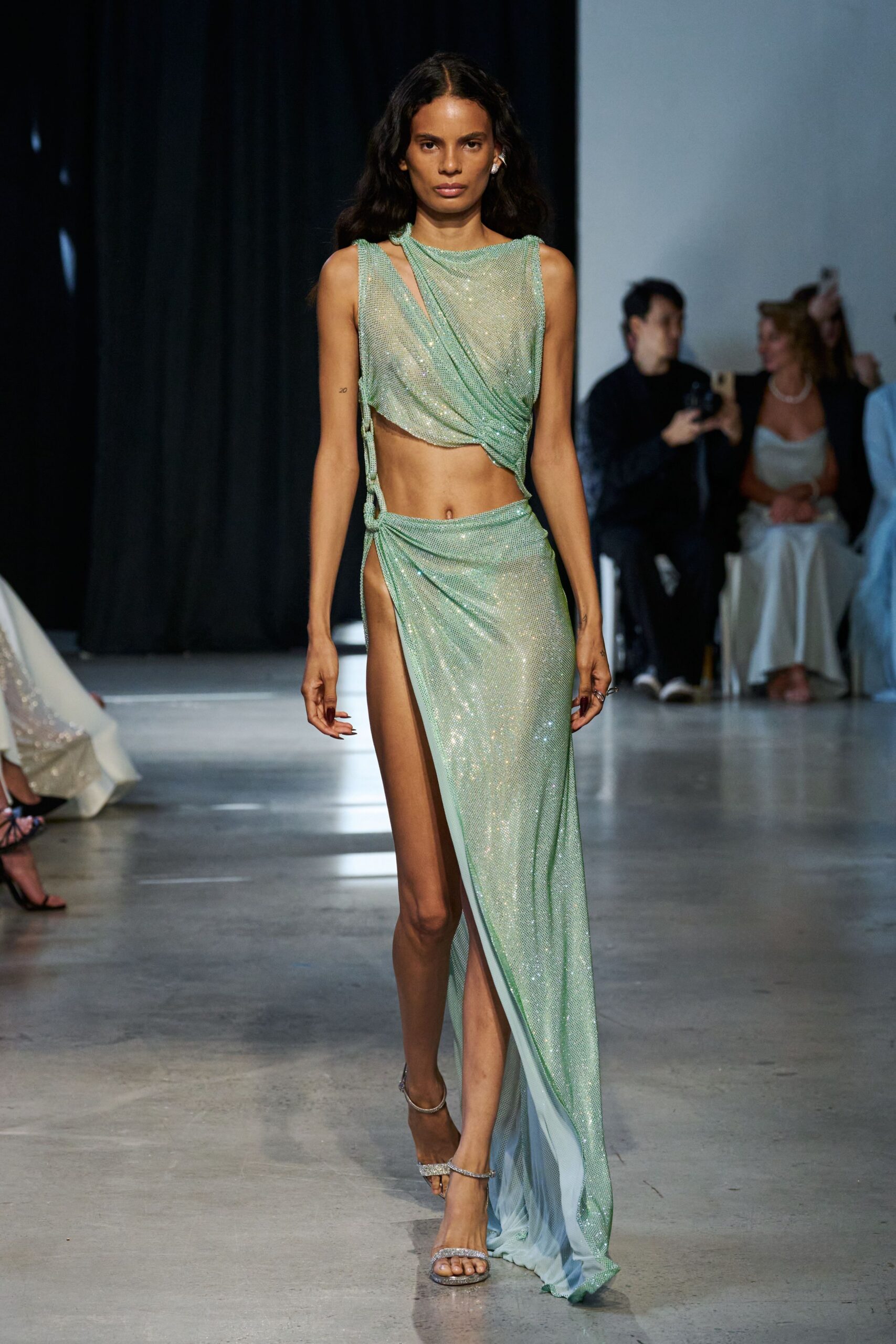 green silk sleeveless high-neck fitted draped shiny dress