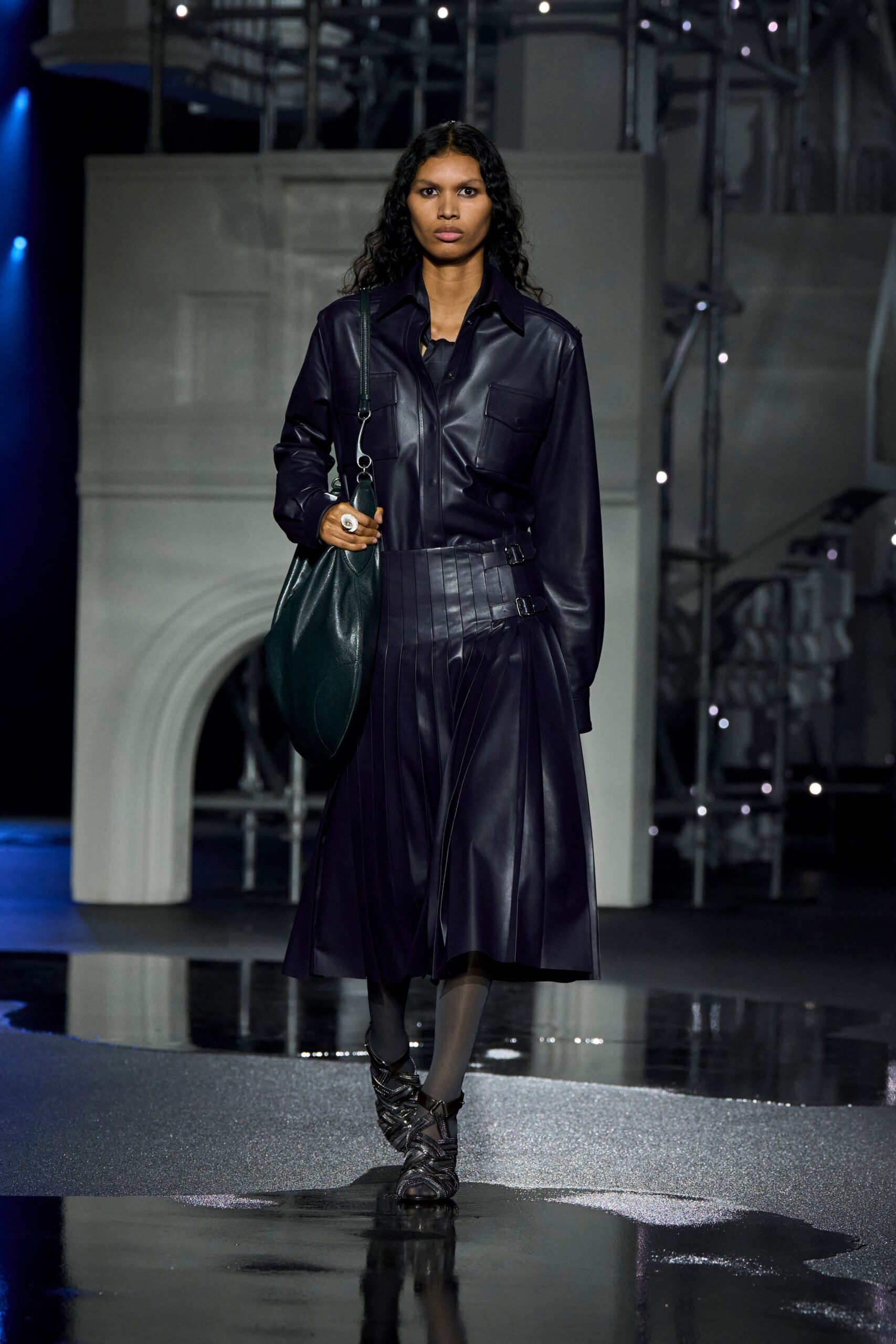 black leather long-sleeve collared fitted pleated midi dress