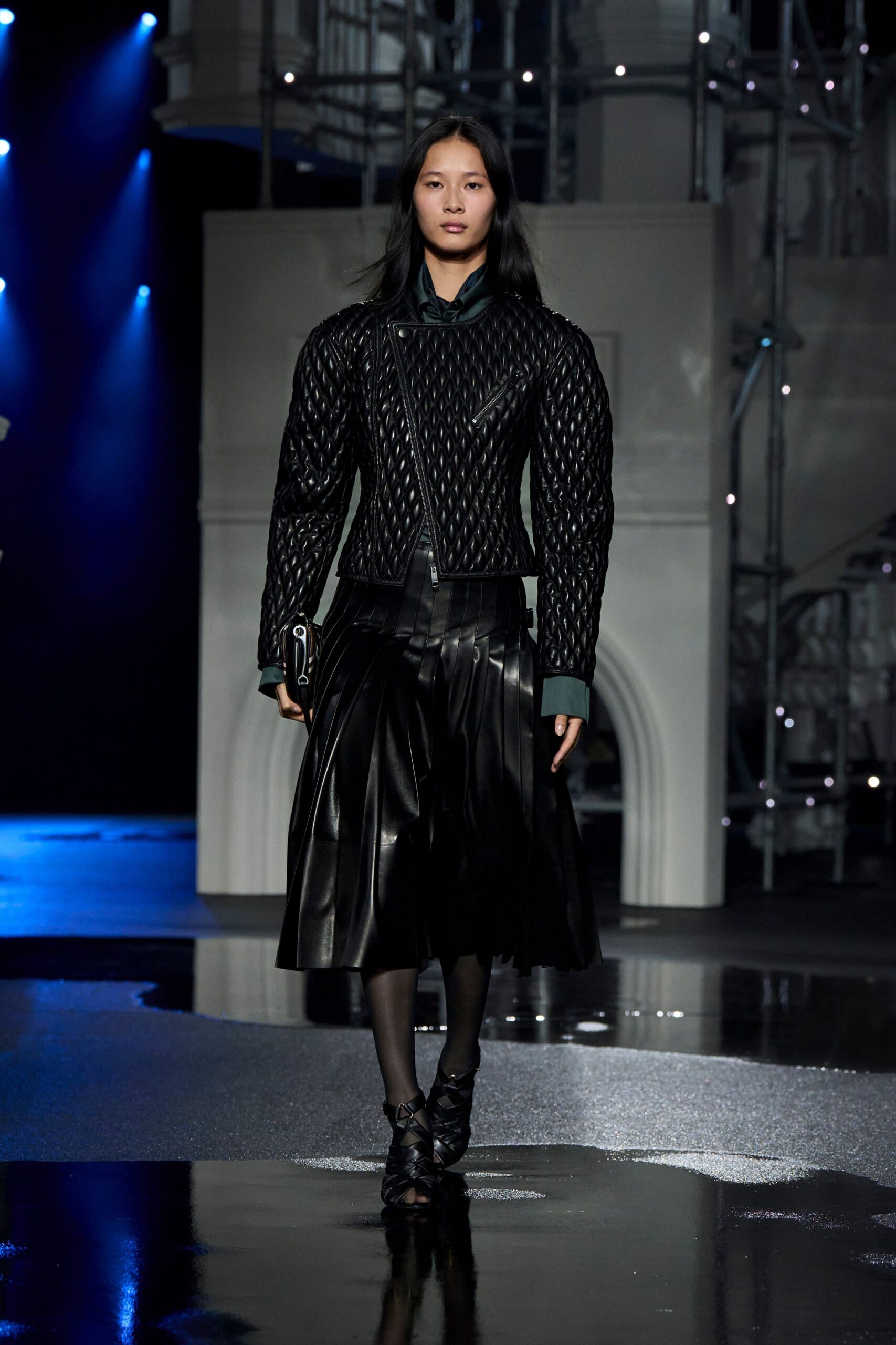 black leather fitted pleated midi skirt