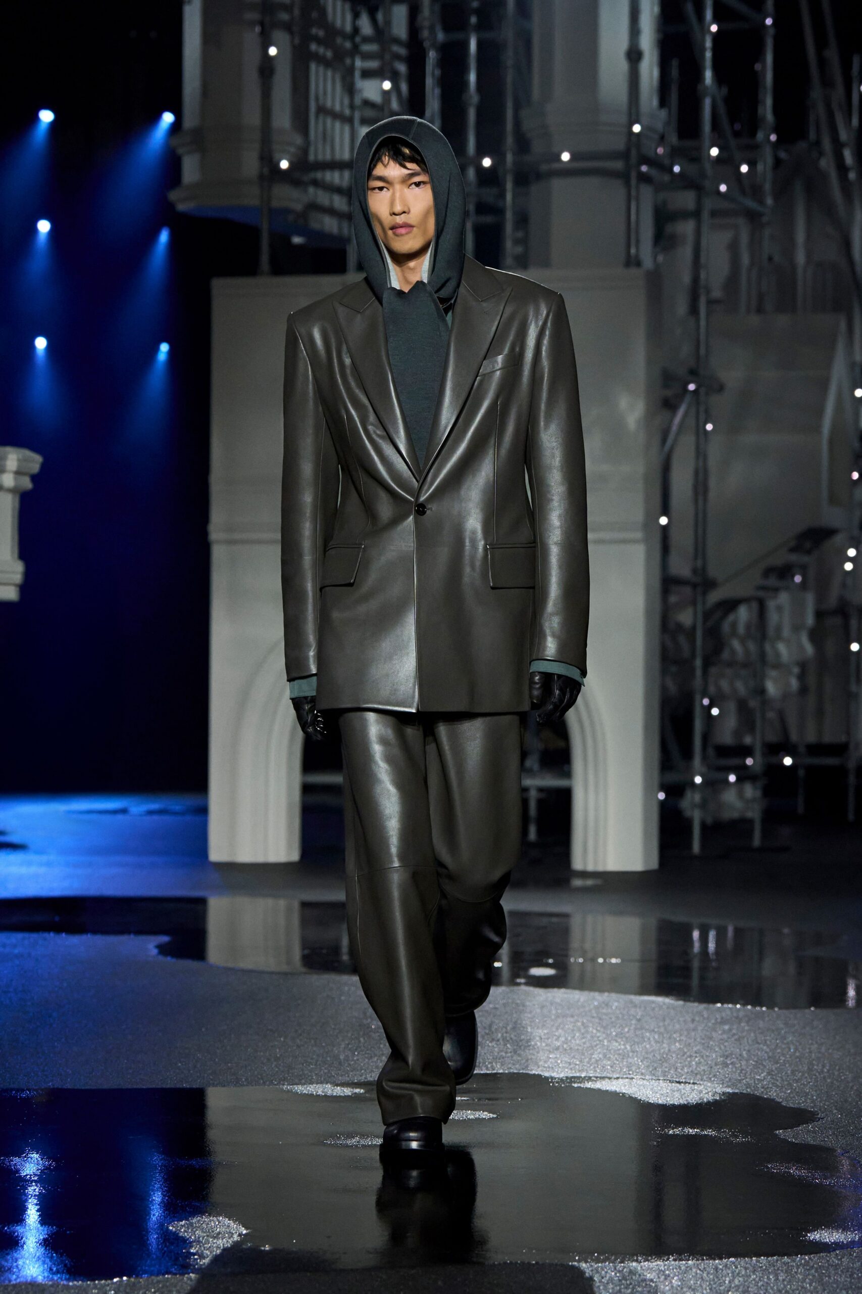 black leather long-sleeve collared fitted suit