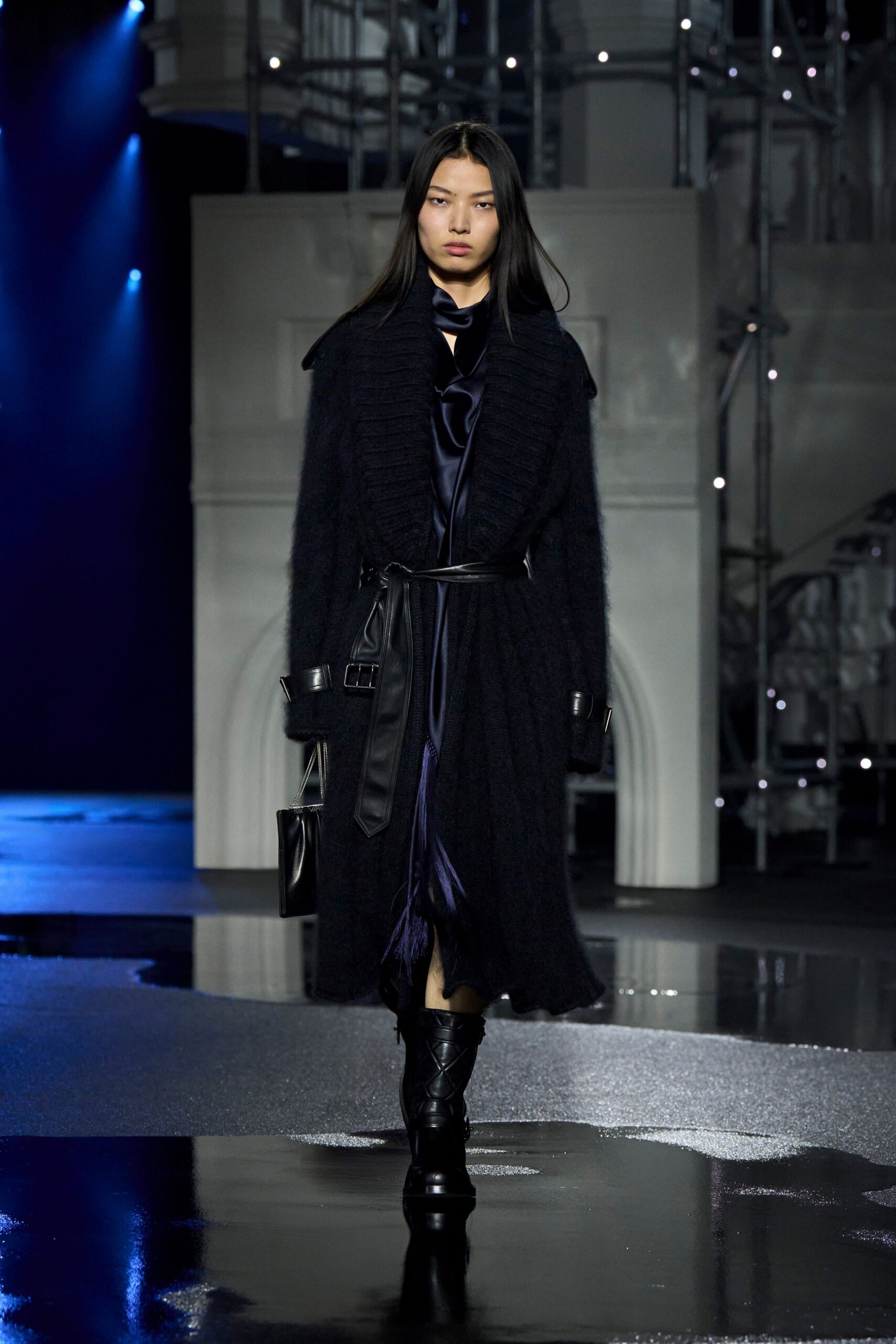 black wool long-sleeve collared fitted belted layered coat