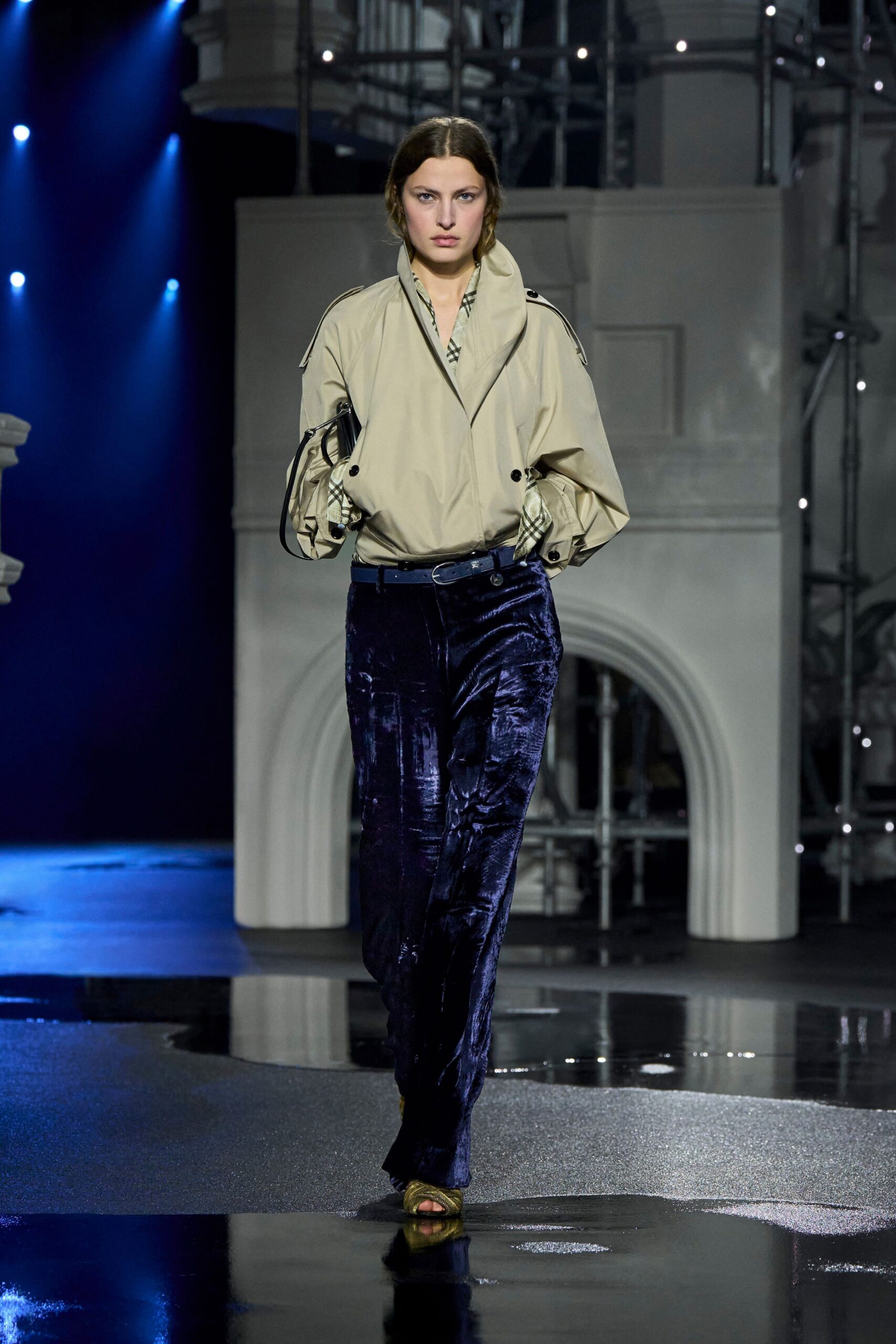 beige relaxed shirt with blue velvet pants