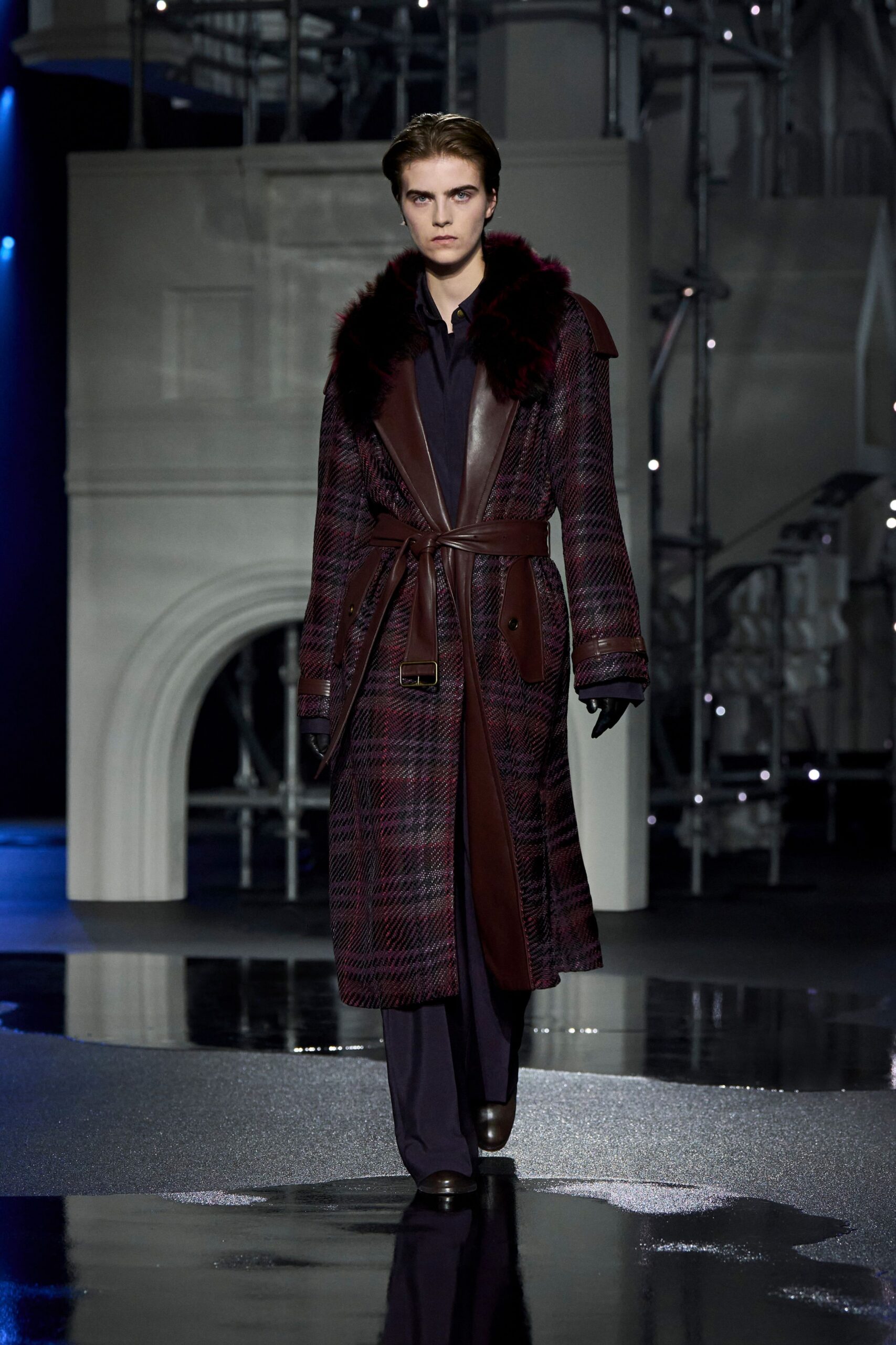 black wool long-sleeve collared fitted belted checked coat