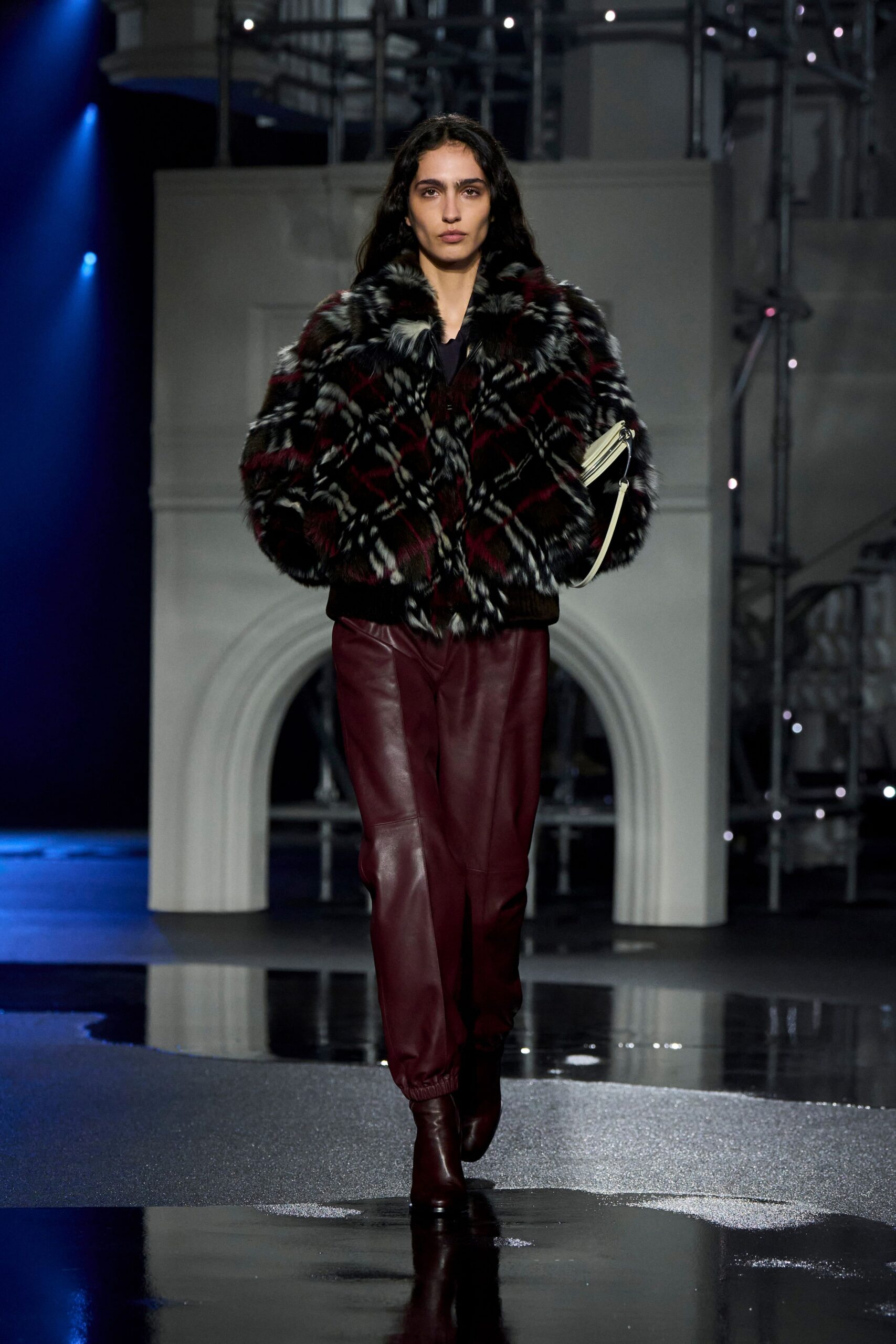 plaid faux-fur coat with leather pants