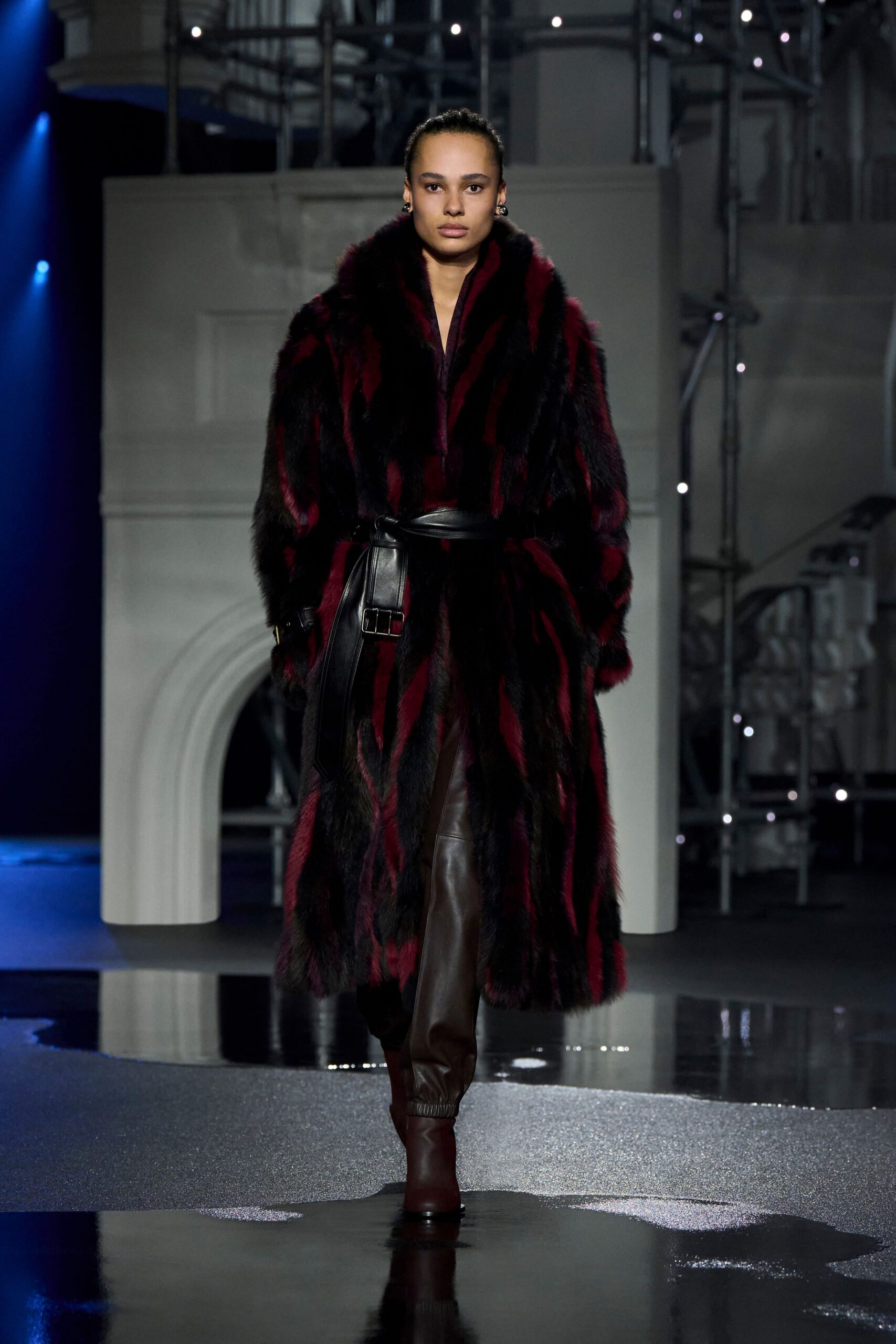 black fur long-sleeve relaxed striped maxi coat