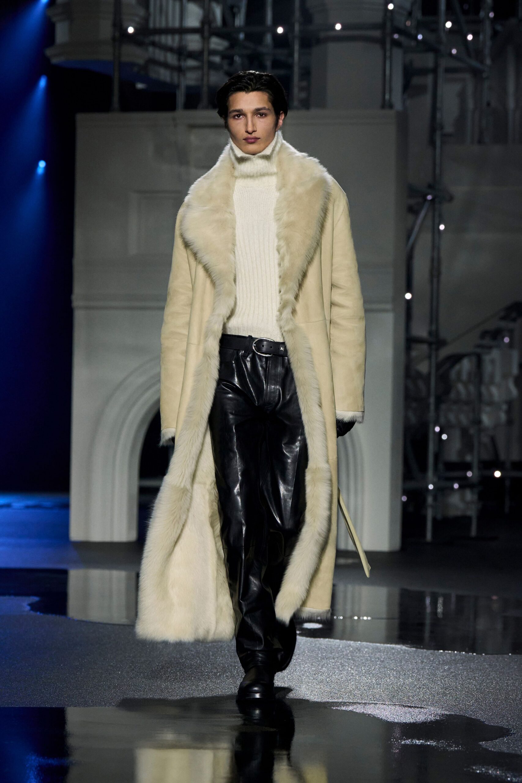 beige fur coat with white sweater