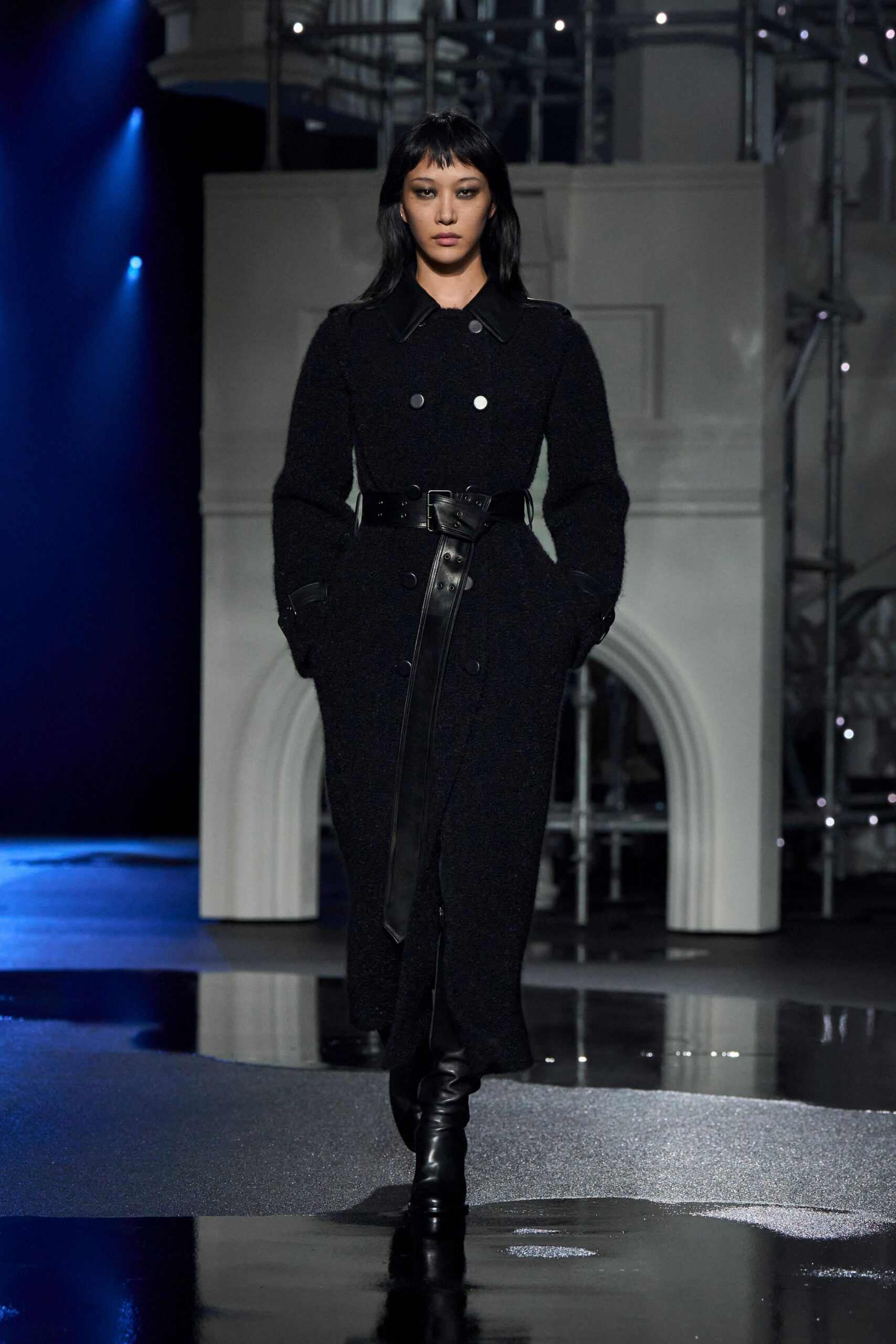 black wool long-sleeve collared fitted belted midi coat