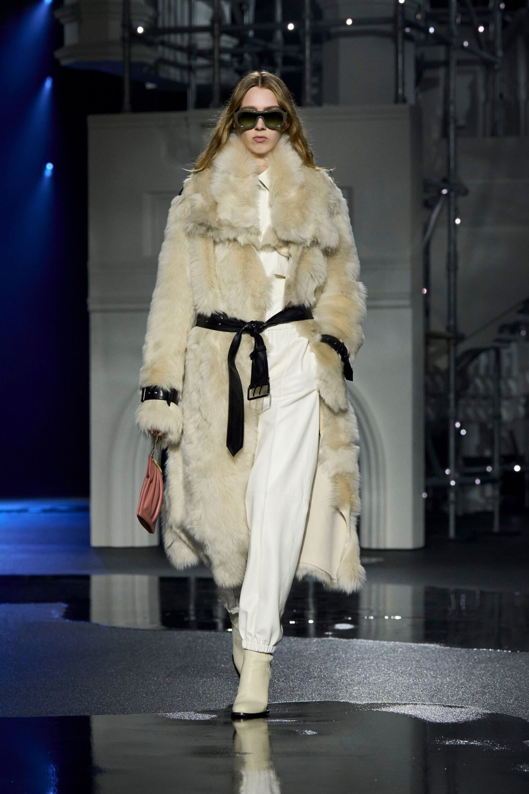 beige faux-fur relaxed belted coat