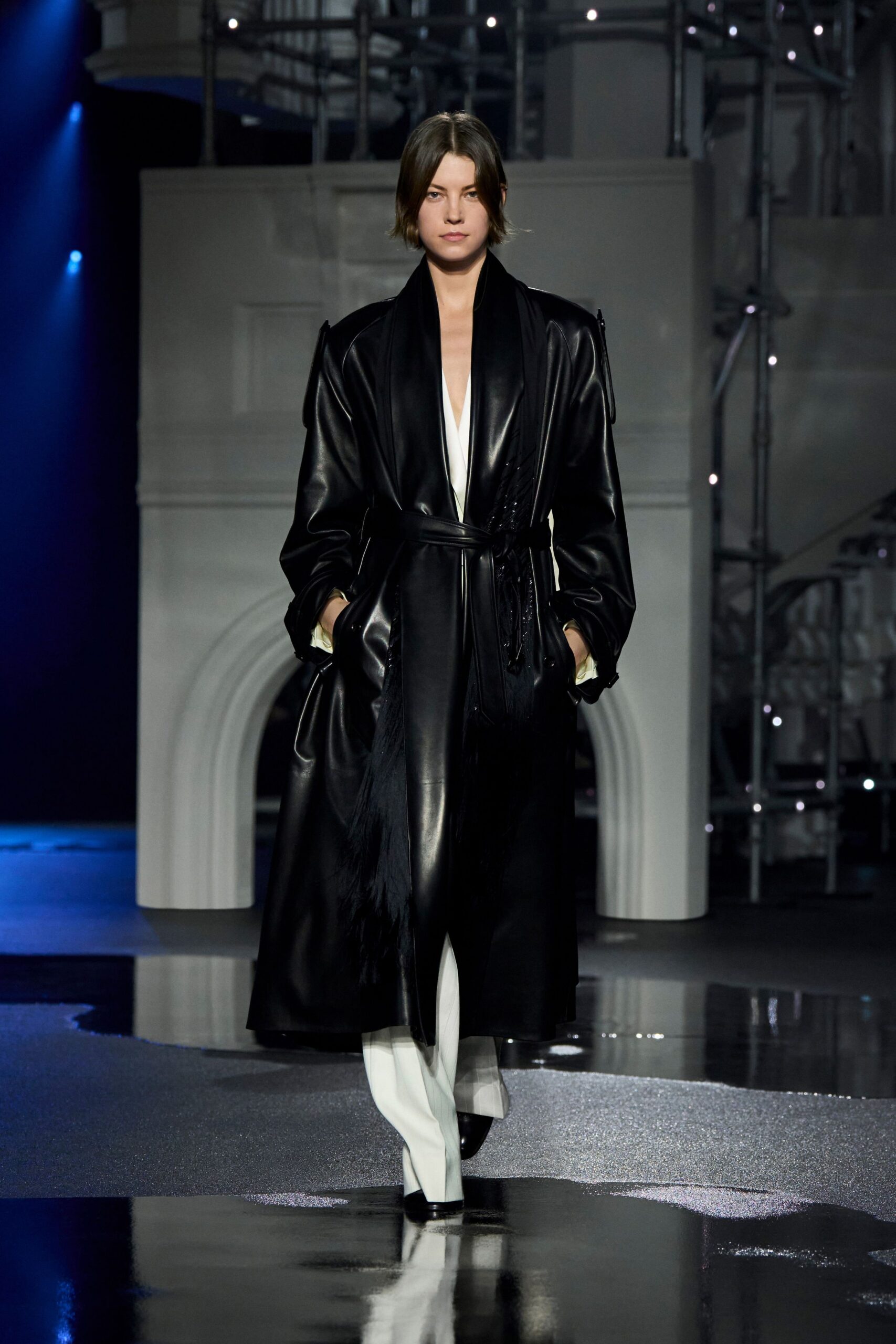 black leather long-sleeve collared relaxed belted coat